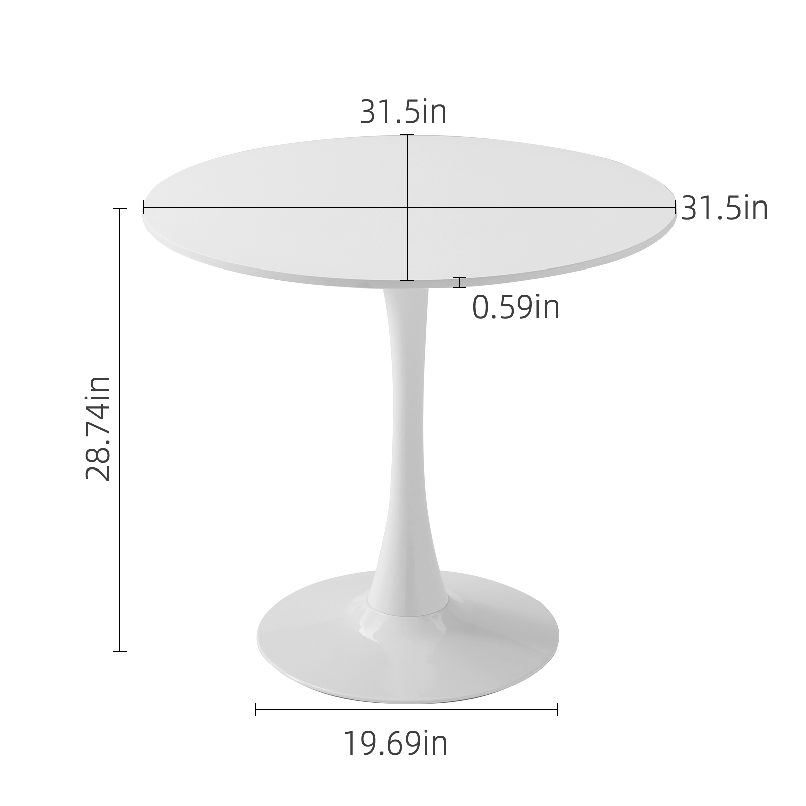 Dimension diagram of round dining table, 31.5 inch top, 28.74 inch height, white tulip base
