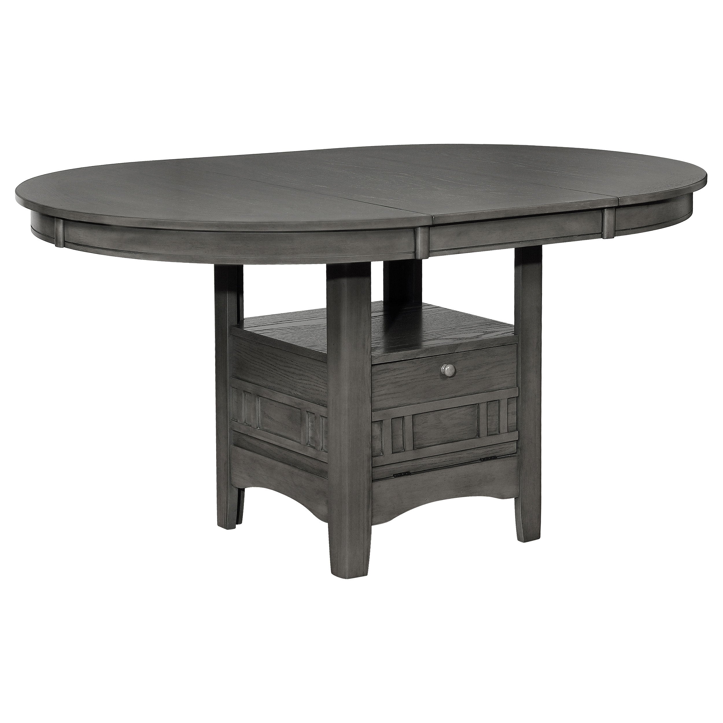 Grey oval extension dining table with storage pedestal, three-quarter view on white studio background