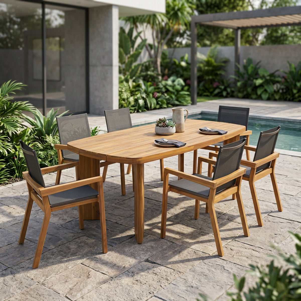 Teak Finish Solid Wood Patio Dining Set for 6