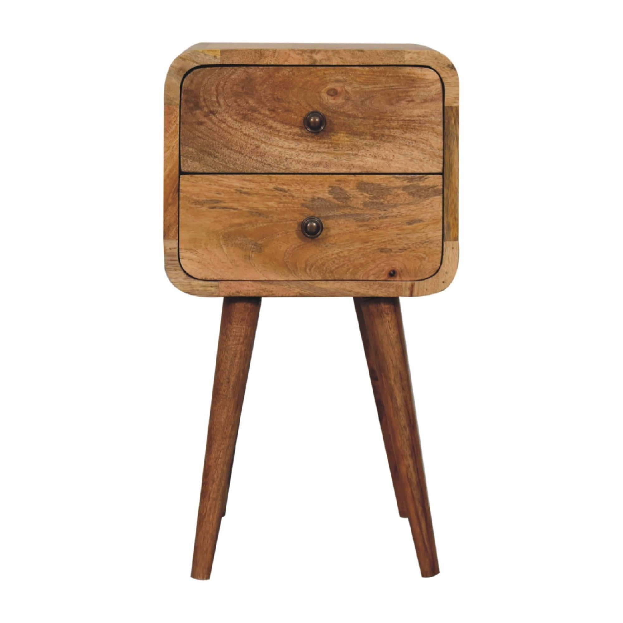 Mid-Century Nightstand, 2 Drawers, Solid Mango Wood, Oak Finish