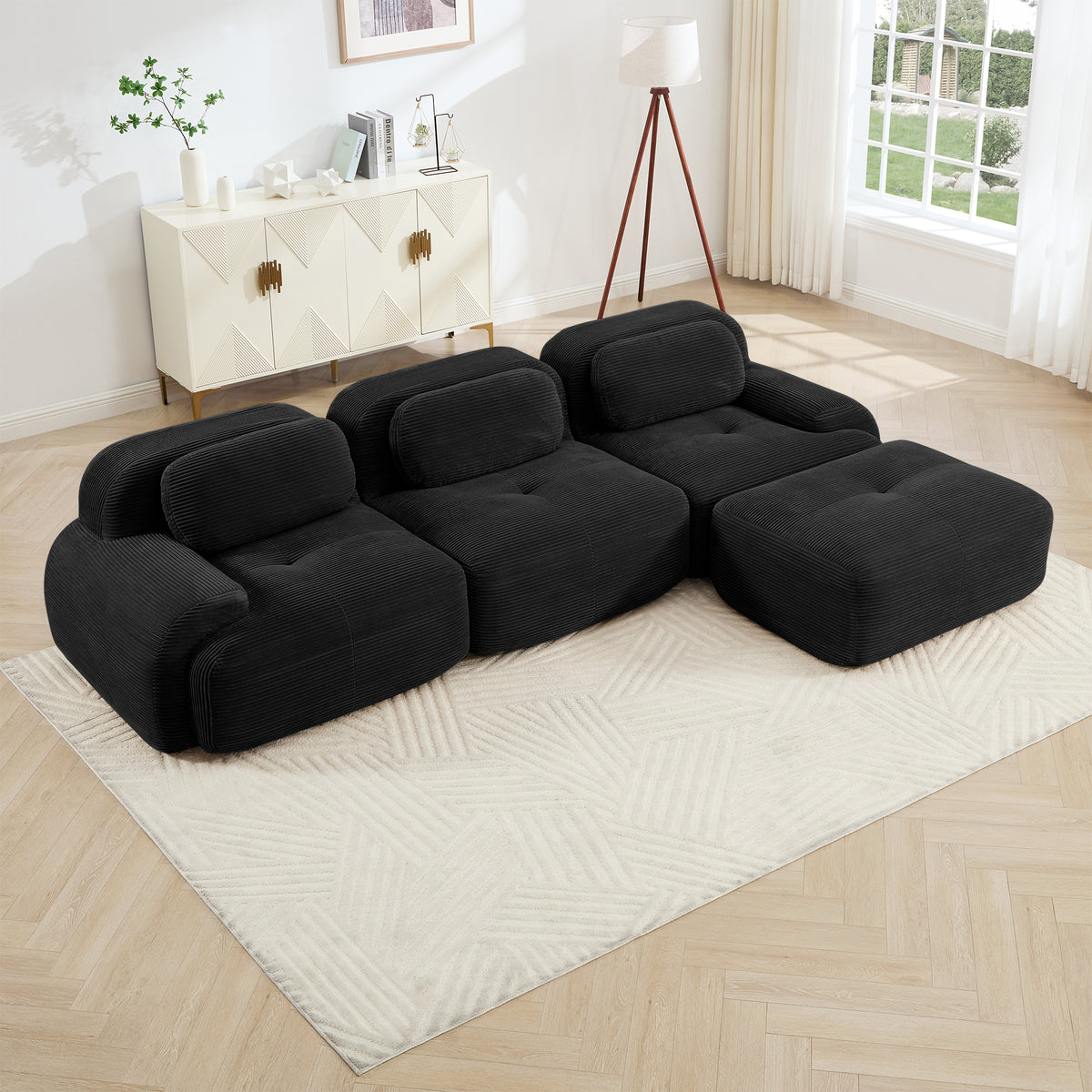 Black Corduroy L-Shaped Modular Sectional Couch, 3-Seat