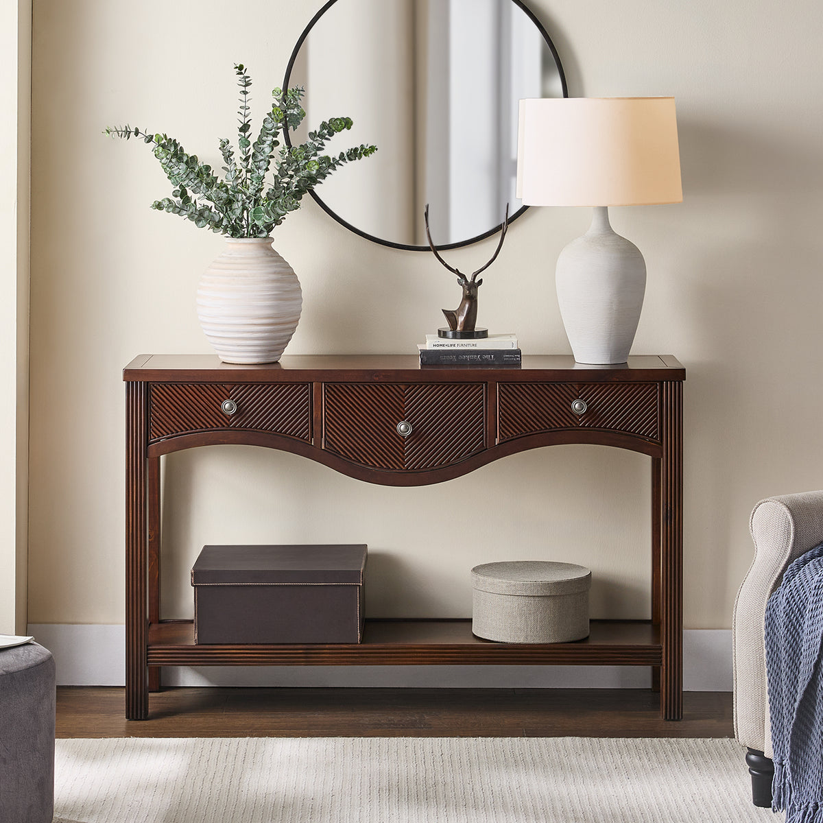 Espresso Fluted Entryway Console Table, 3 Drawers, 52 in Wide
