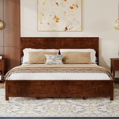 Farmhouse walnut king bed frame with barn-door headboard in bedroom