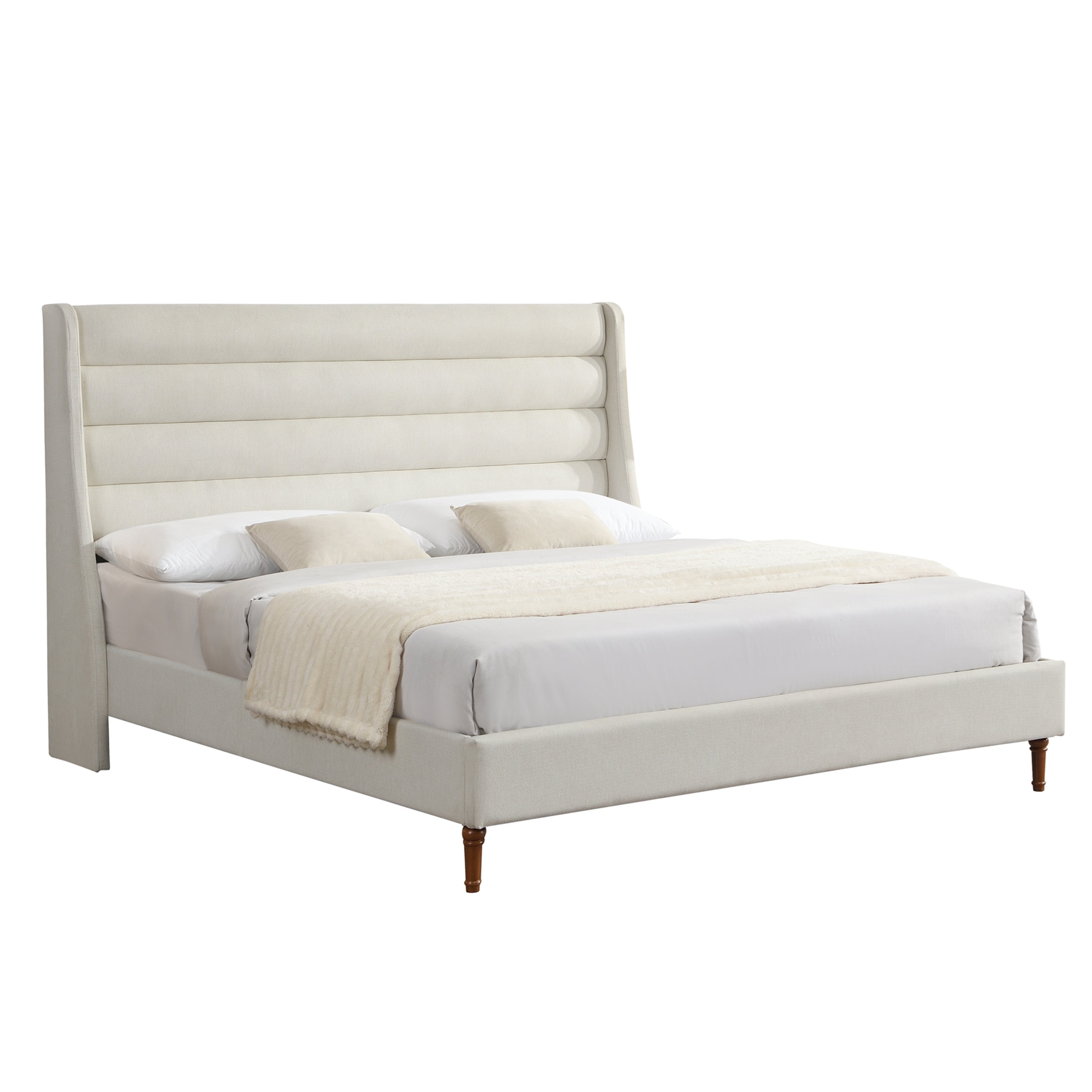 Front-angled studio shot of complete ivory king bed frame