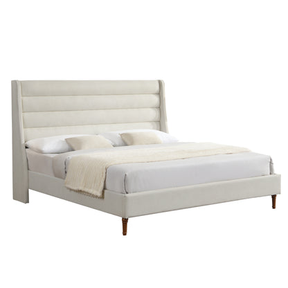 Front-angled studio shot of complete ivory king bed frame