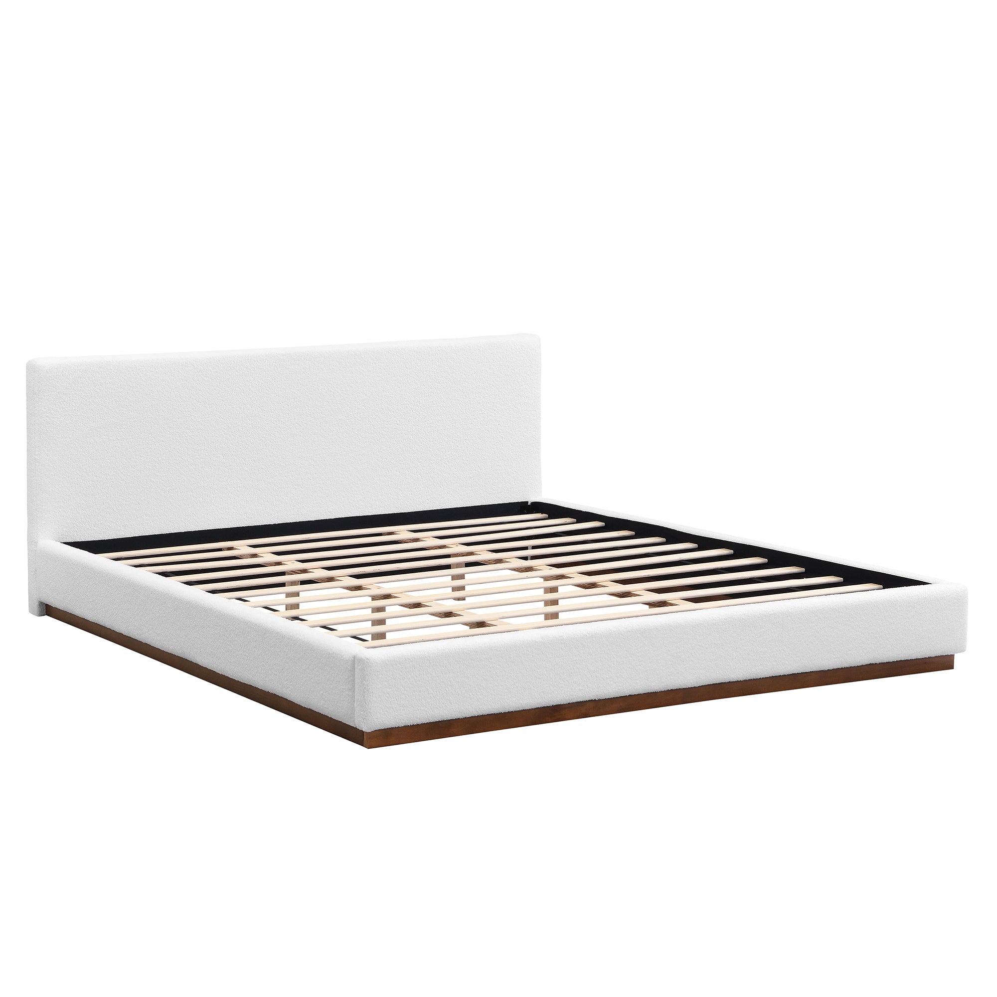 White Boucle King Platform Bed with 12 Slat Base