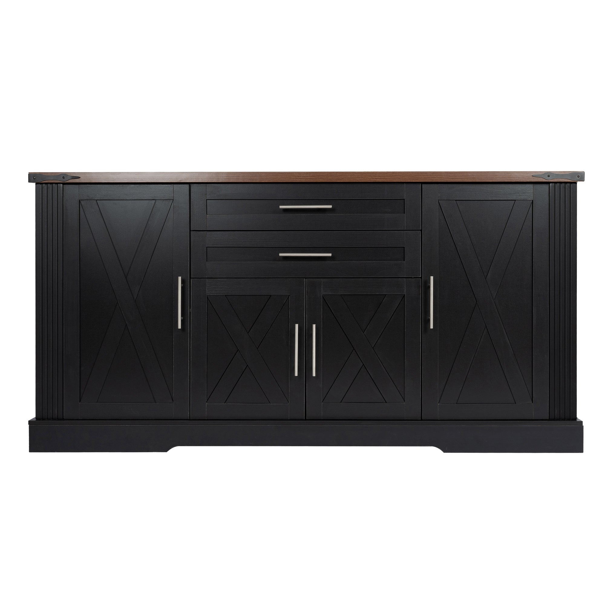 Black Farmhouse Barn-Door Sideboard, 2 Drawers & 4 Doors, 63 in