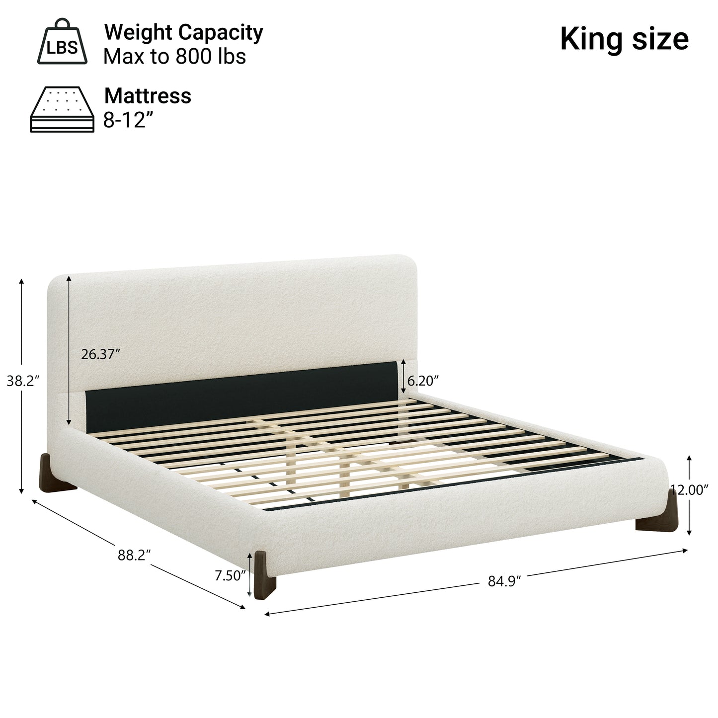 Weight capacity and king size diagram for white bouclé bed frame