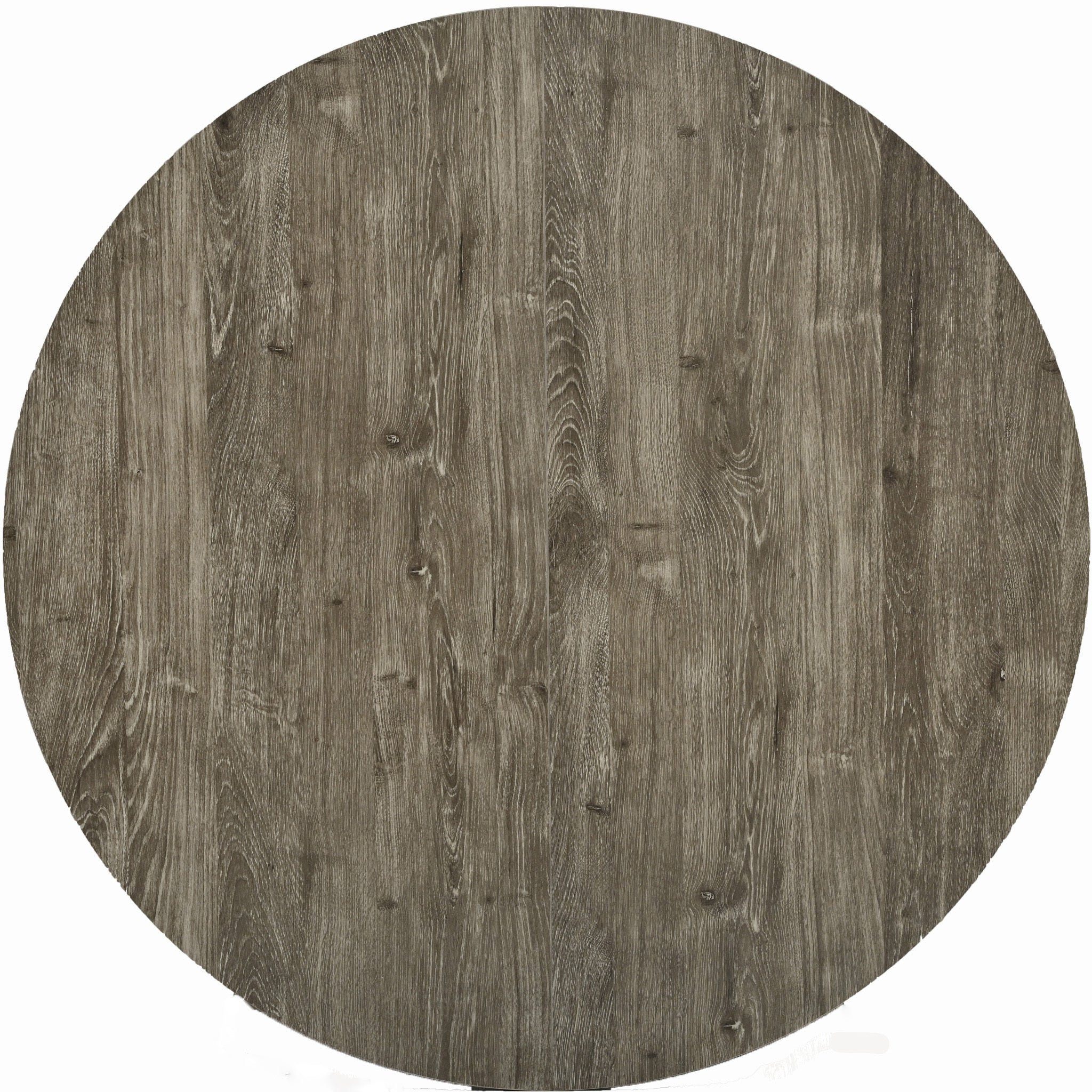 Overhead close-up of the gray round tabletop wood grain