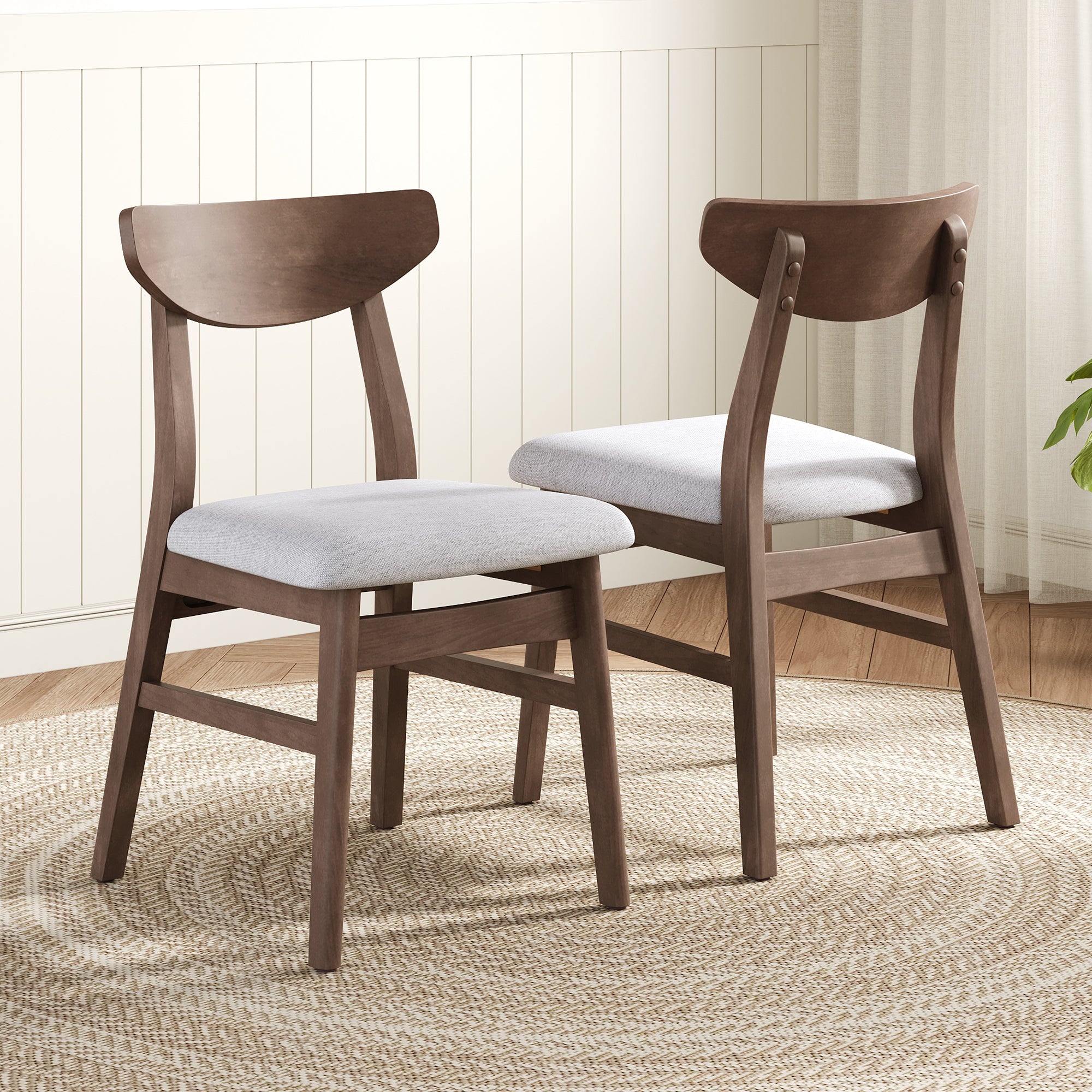 Mid-Century Dining Chairs Set of 2, Curved Wood Back, Gray