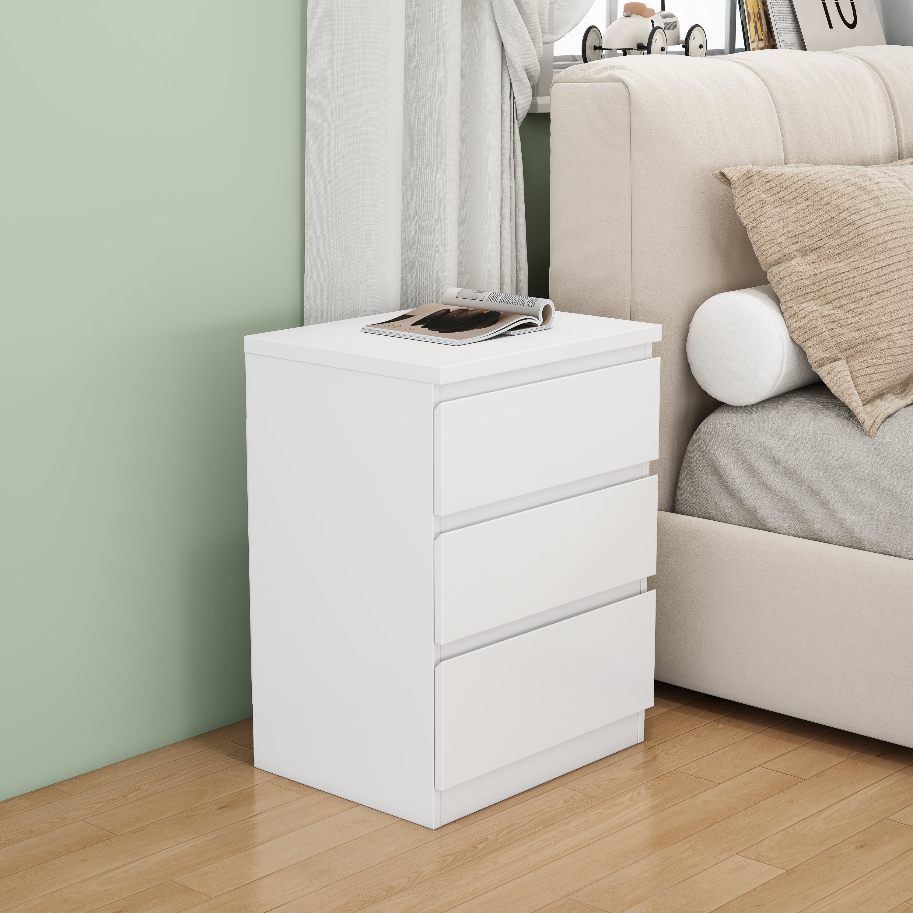 White 3 Drawer Nightstand, Handle-Free, 19.7 in Wide