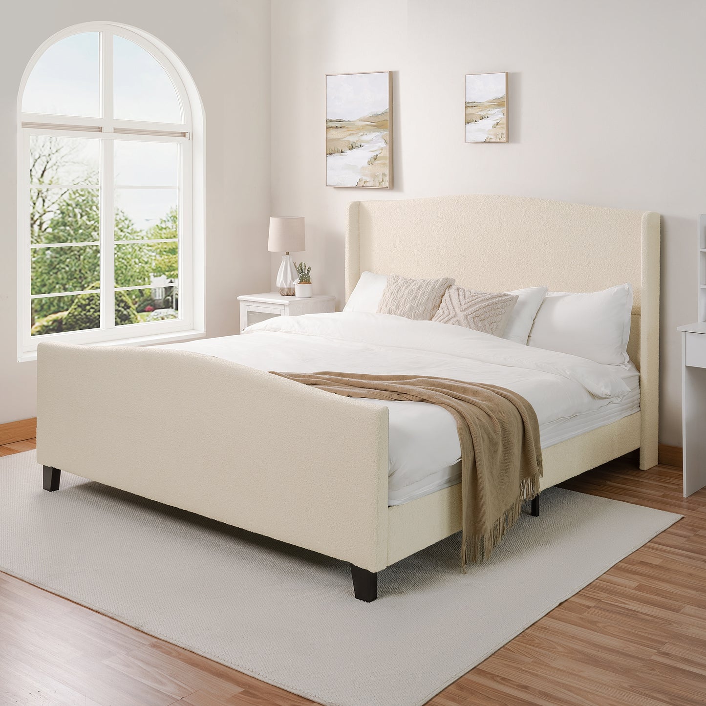 White teddy velvet king platform bed frame angled view with visible slats