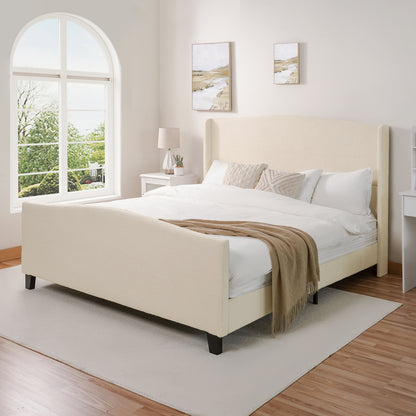 White teddy velvet king platform bed frame angled view with visible slats
