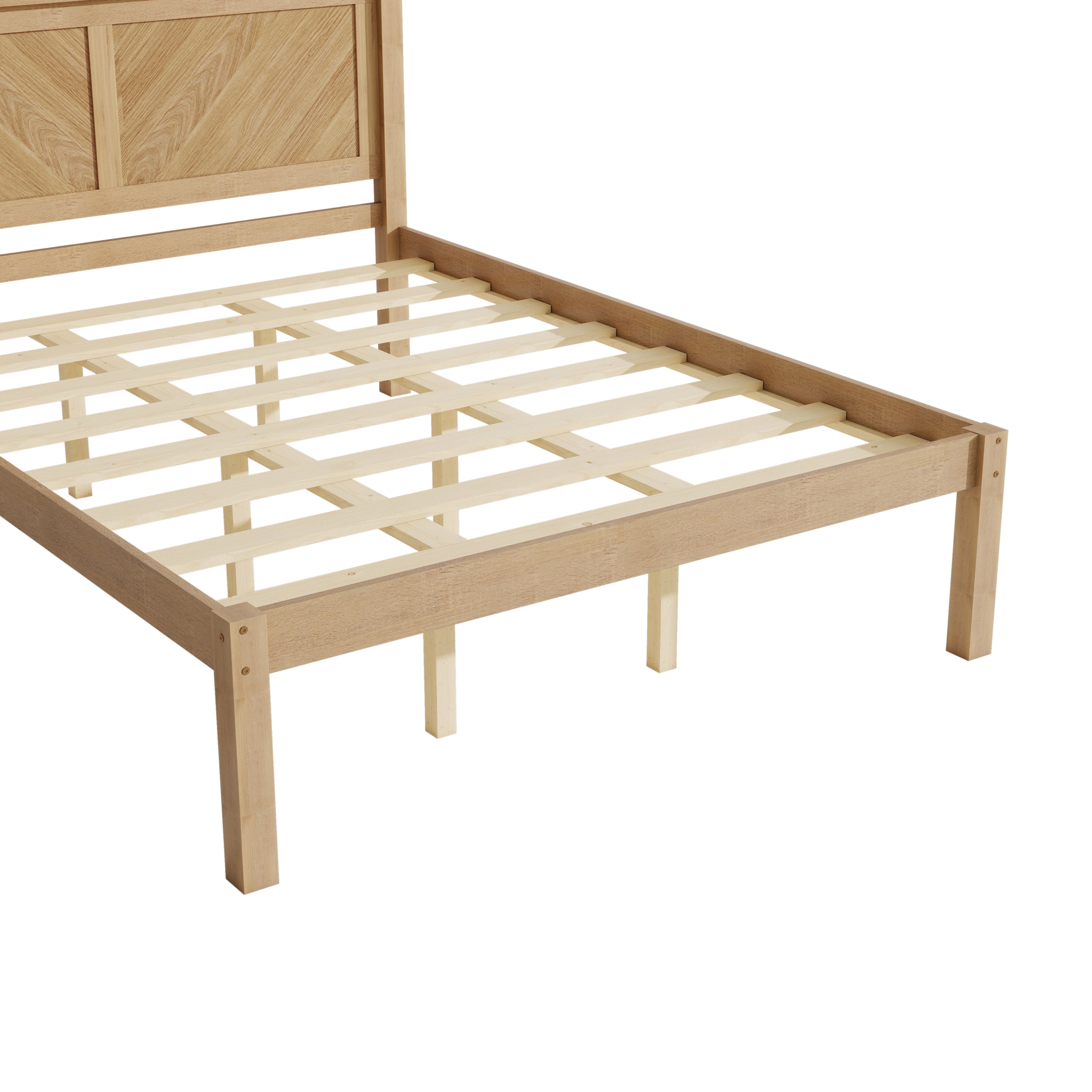 Angled studio view of the bare natural oak platform bed frame with wood slats and chevron headboard