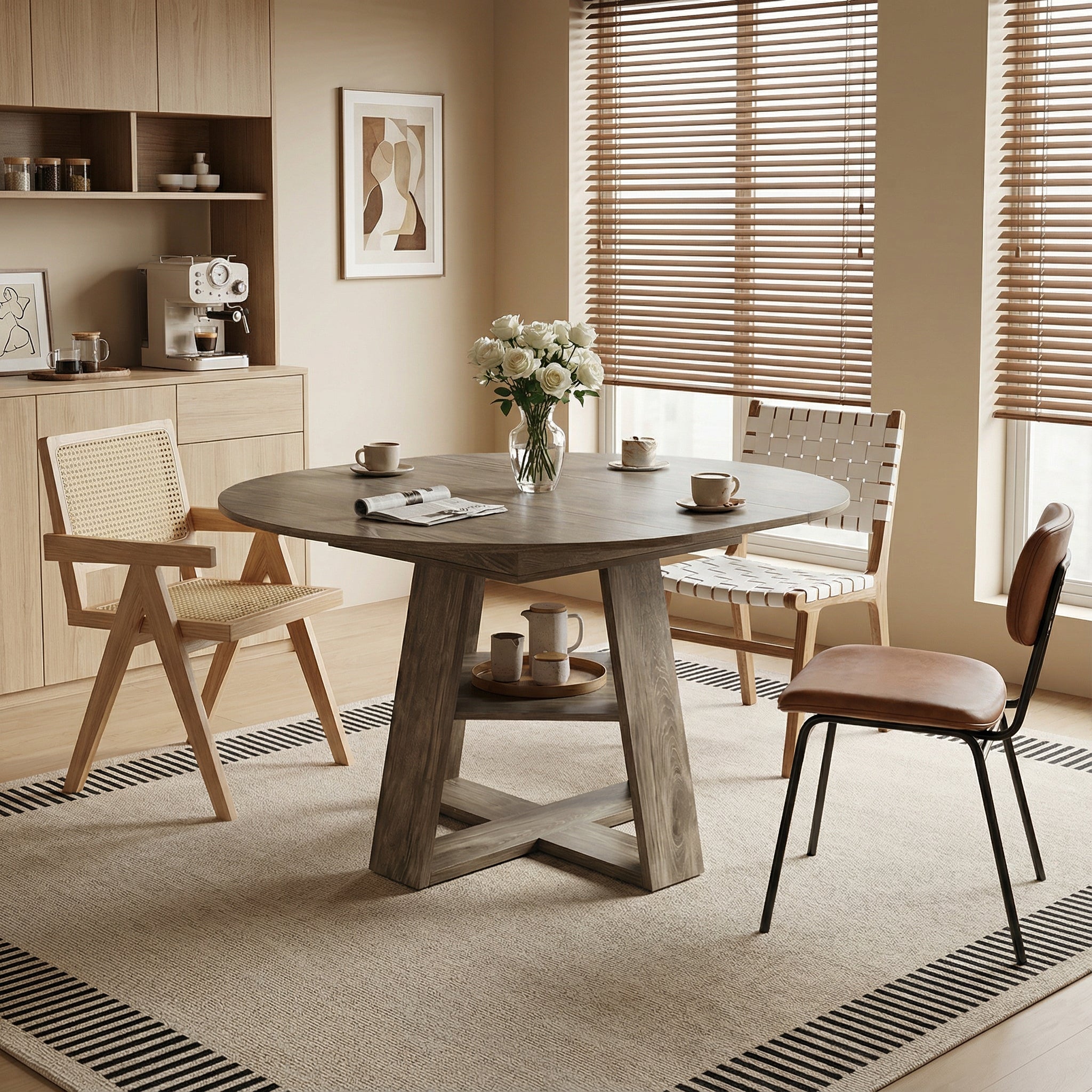 Styled dining nook with the gray extendable round table, cross base and lower shelf