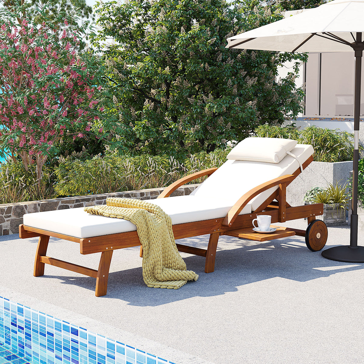 Beige Solid Wood Adjustable Outdoor Chaise Lounge with Cushions