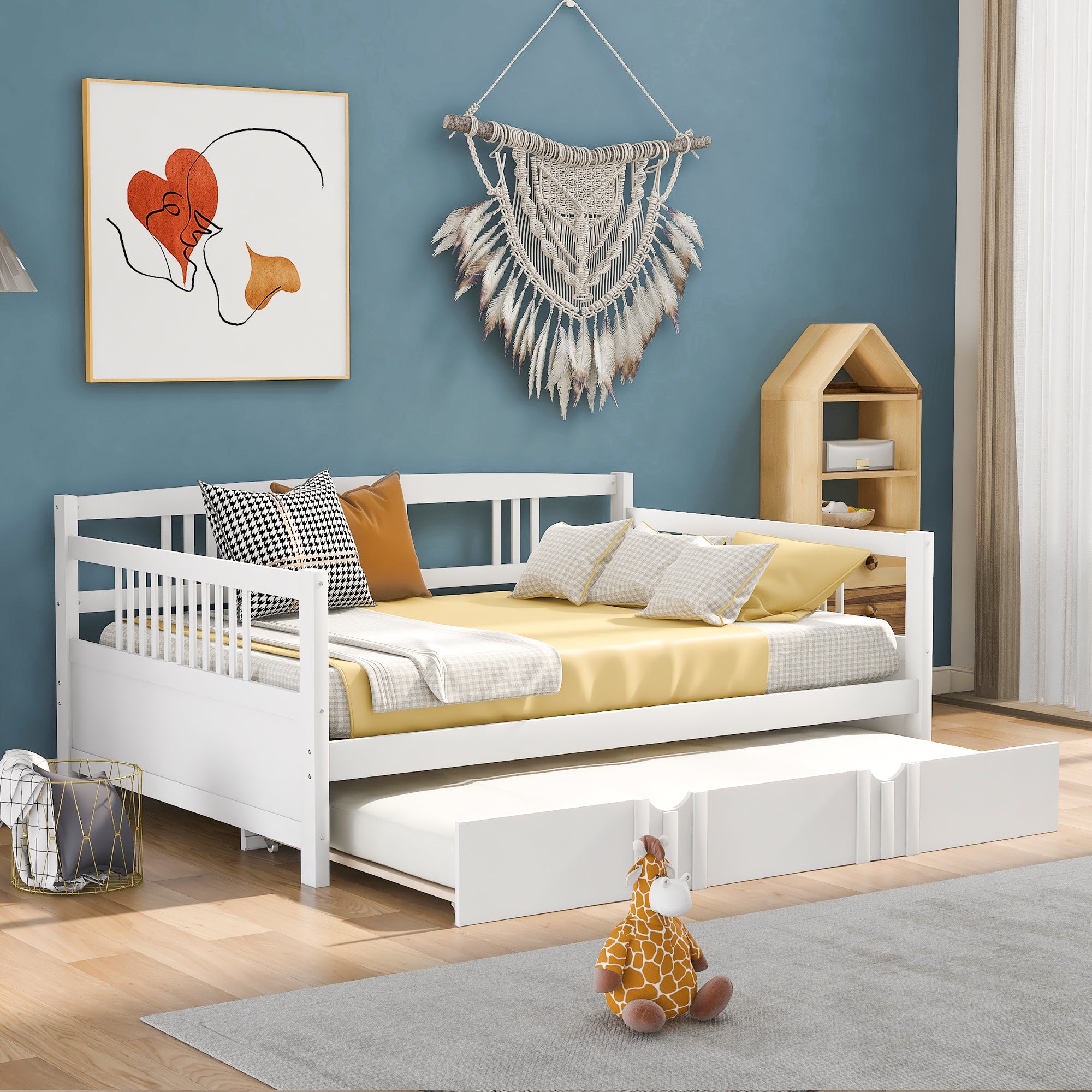 Full Size Daybed with Twin Trundle, Solid Wood, White
