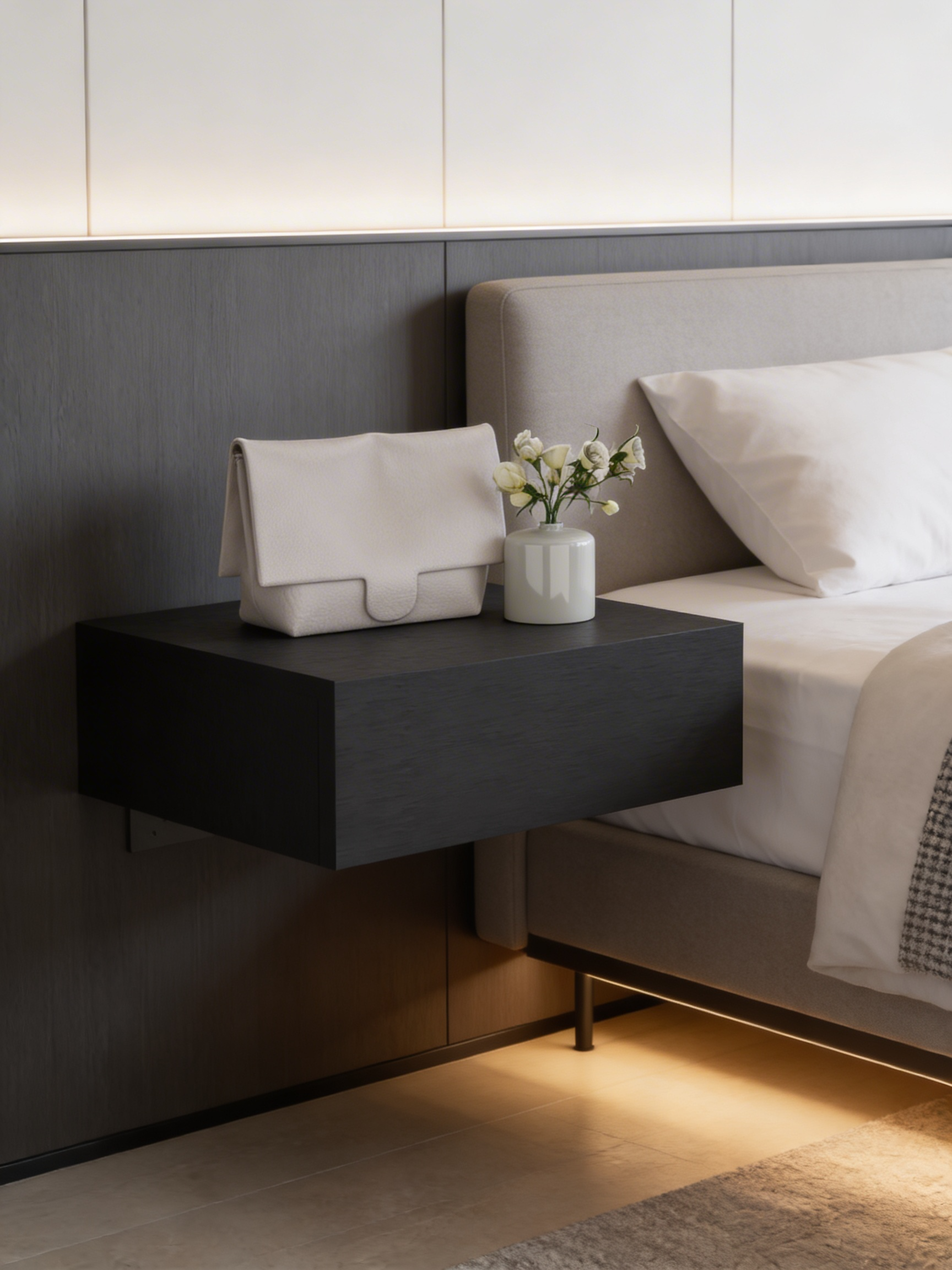 Black Floating Nightstand with Drawer, Pine Finish