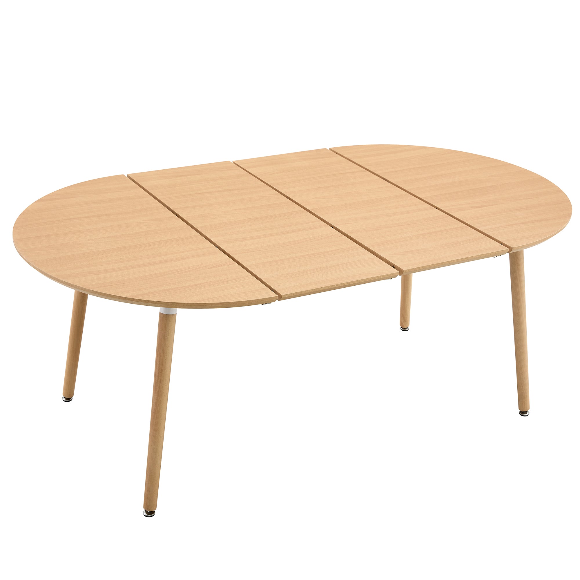 Oval table with center leaves separated showing the sliding extension gap, plain studio