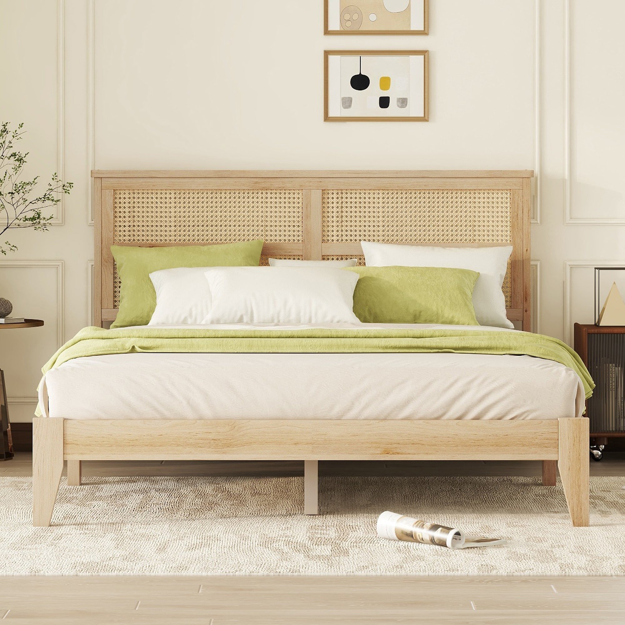 Natural rubberwood queen wood bed frame styled with white bedding, woven rattan headboard against a paneled wall