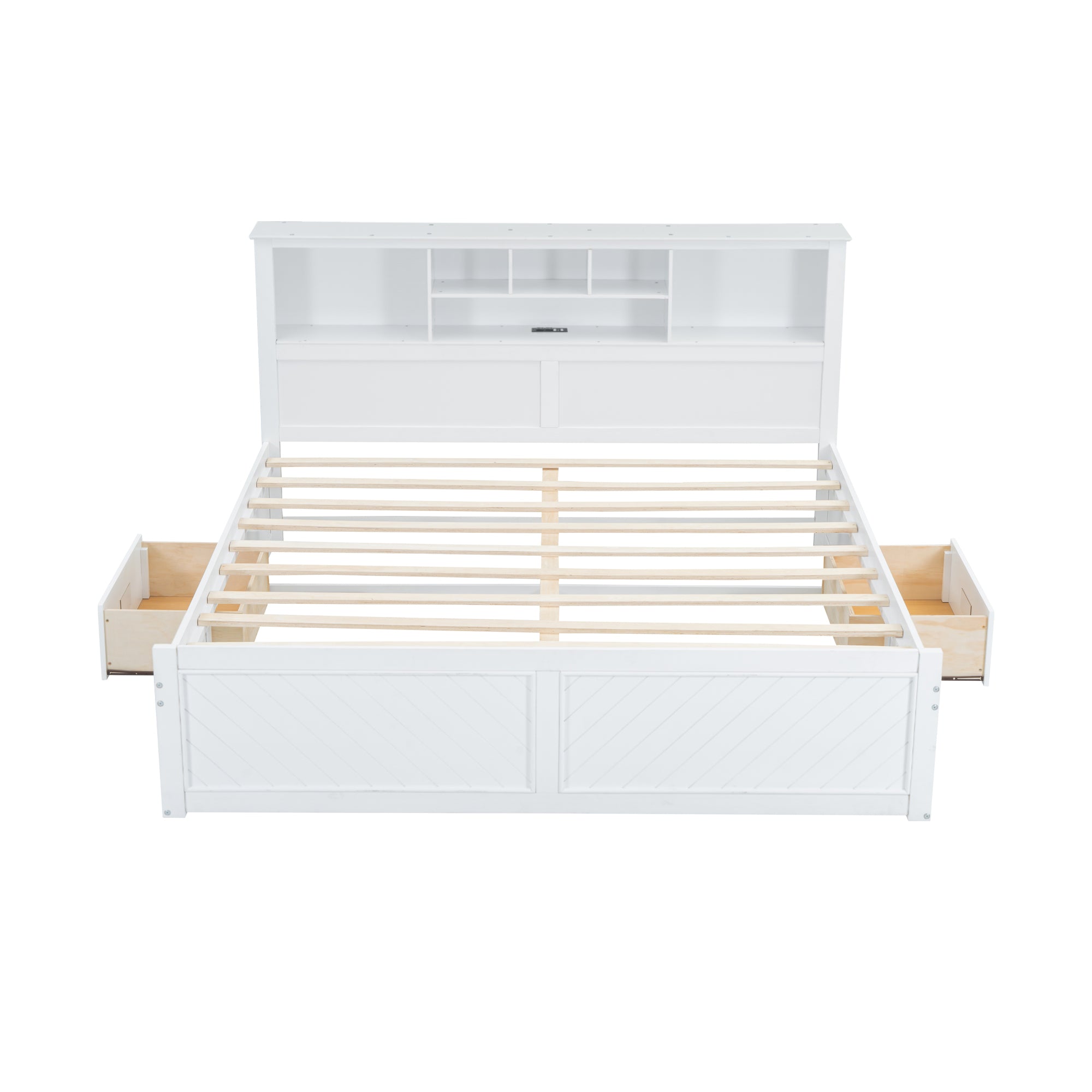 King Bed Frame with Storage Drawers and USB Headboard, White