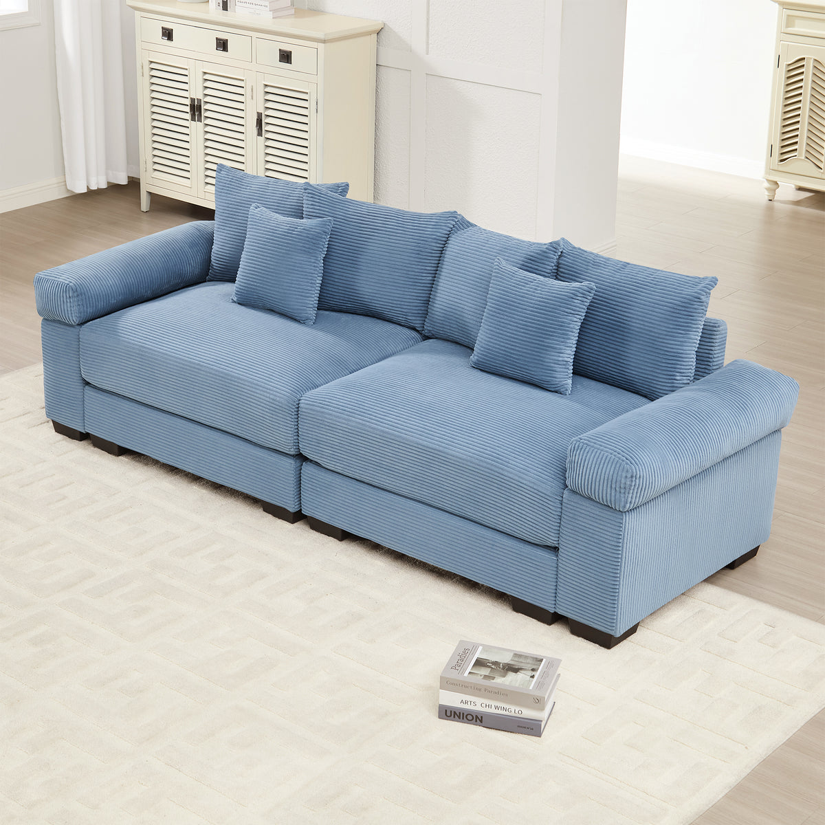 Blue Corduroy Modular Sectional, 92 in Wide