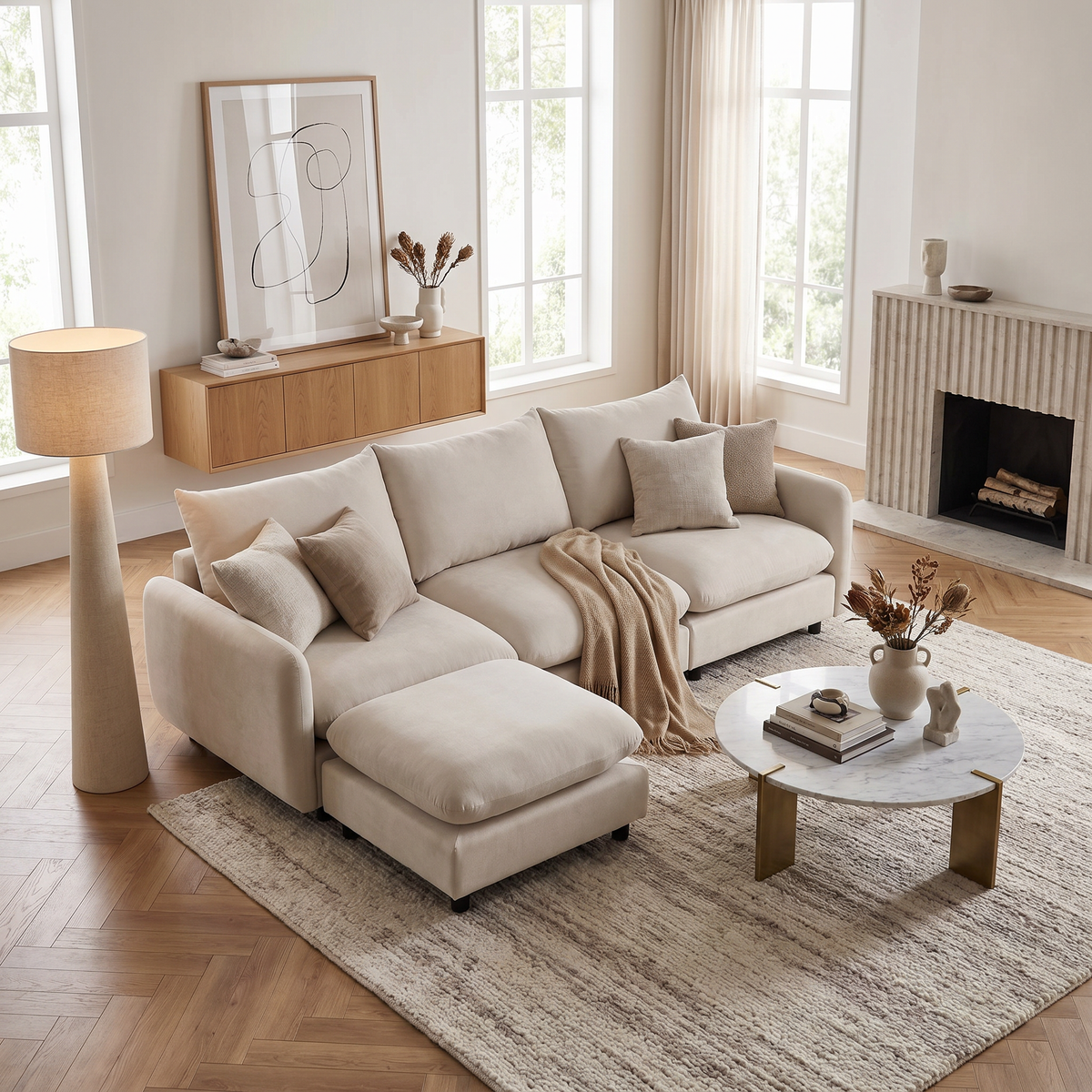 White L-Shaped Modular Sectional Couch with Ottoman, 99.5 in Wide
