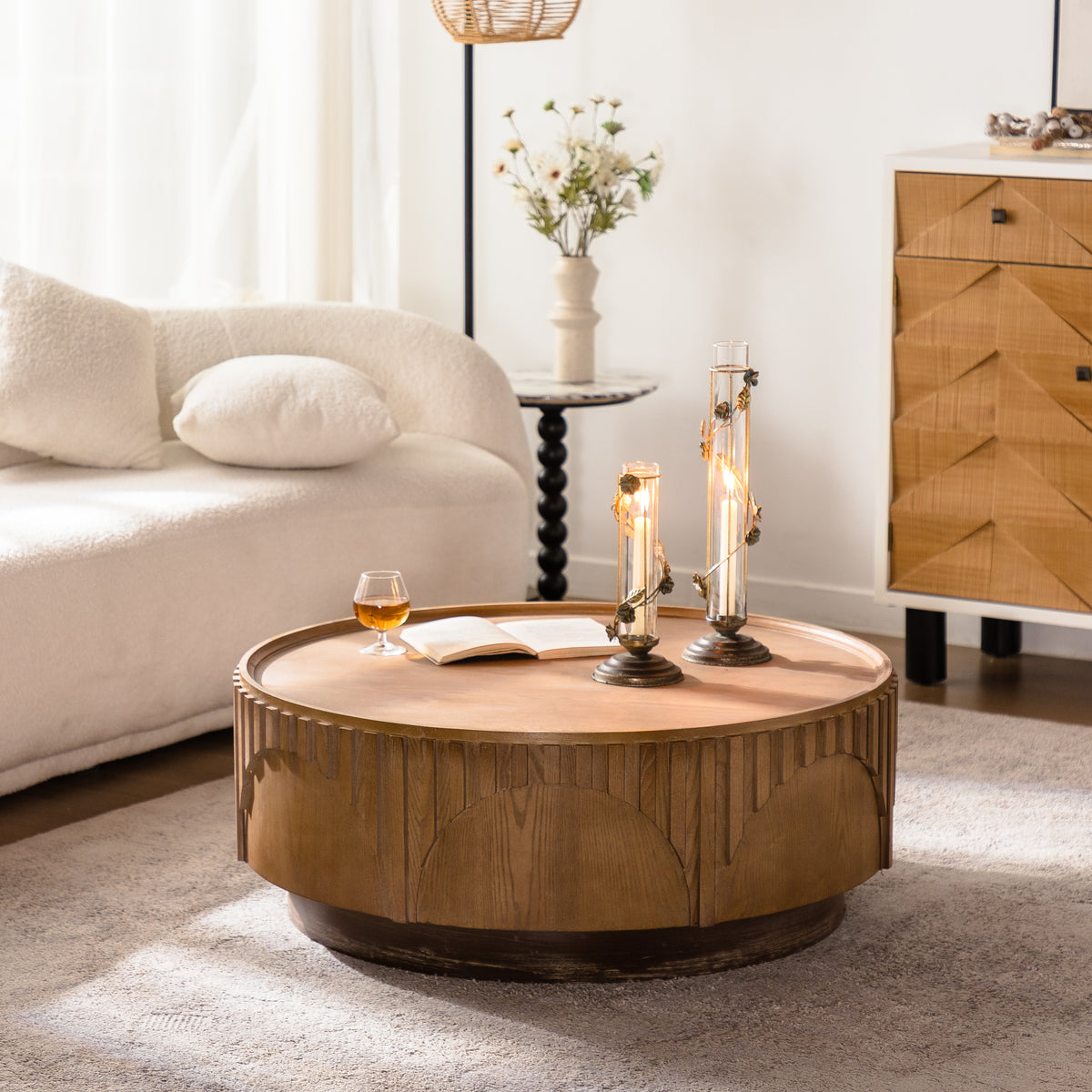 Natural Round Fluted Coffee Table, 36.2 in