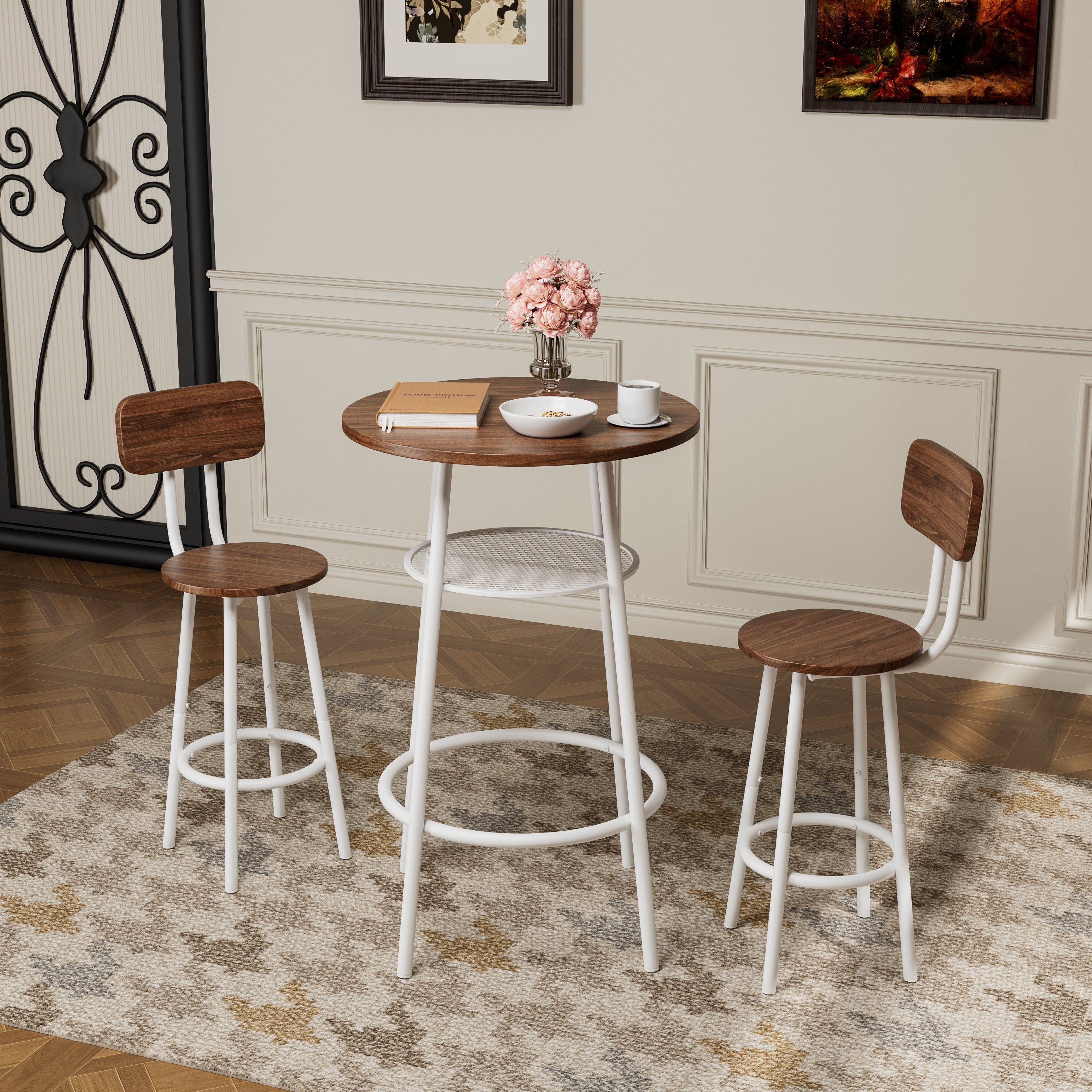 3-Piece Pub Table Set, Round Table with 2 Stools, Brown and White