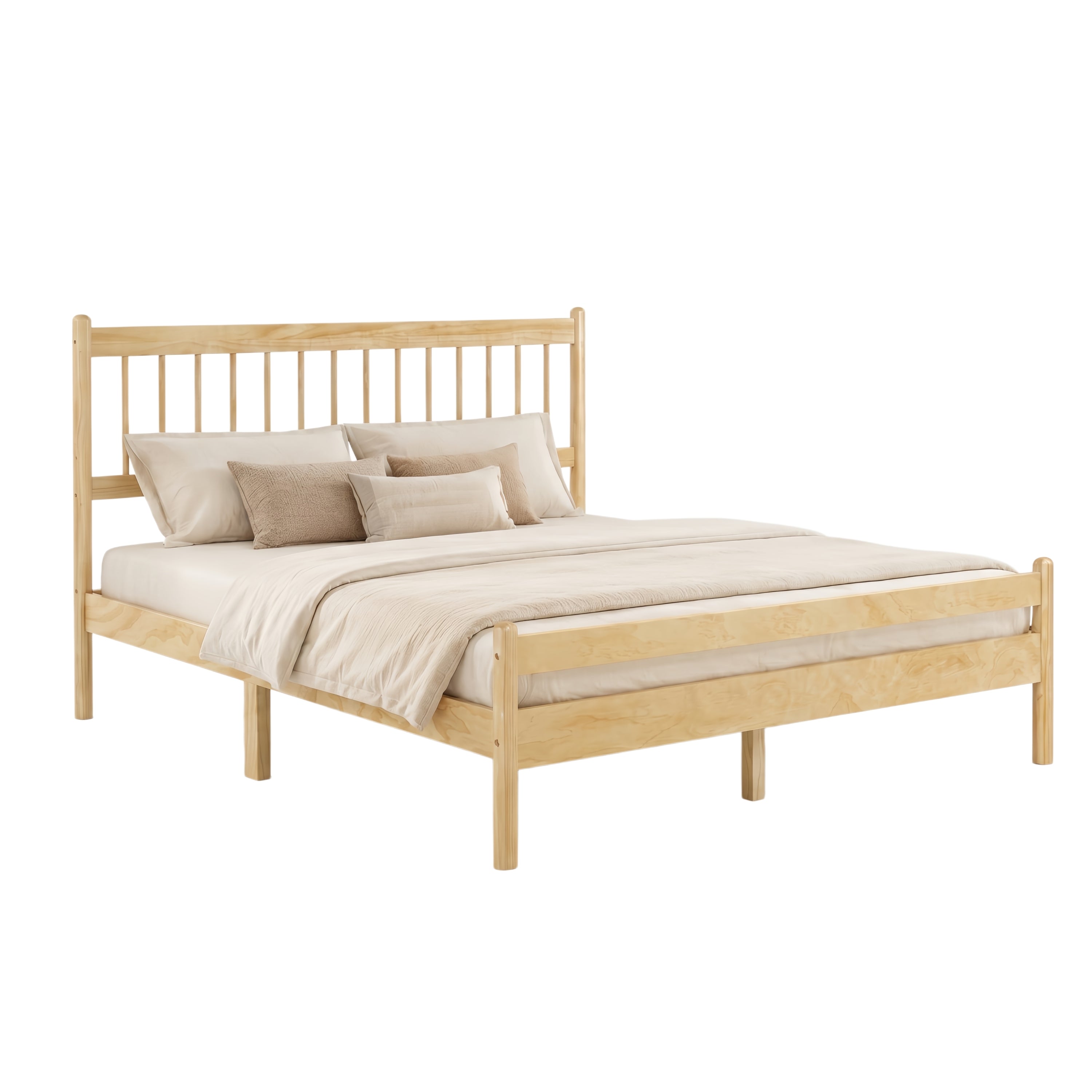Product shot of the natural pine spindle bed with cream bedding on a white background #Color_Natural