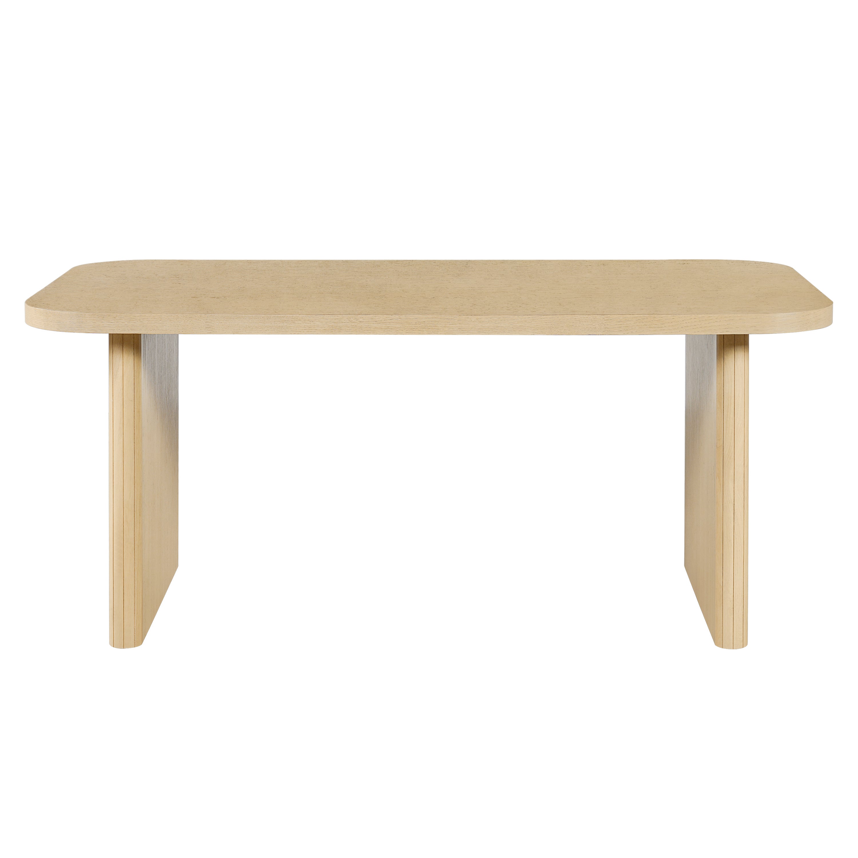 Front view of natural oak ribbed-leg dining table on a plain white studio background