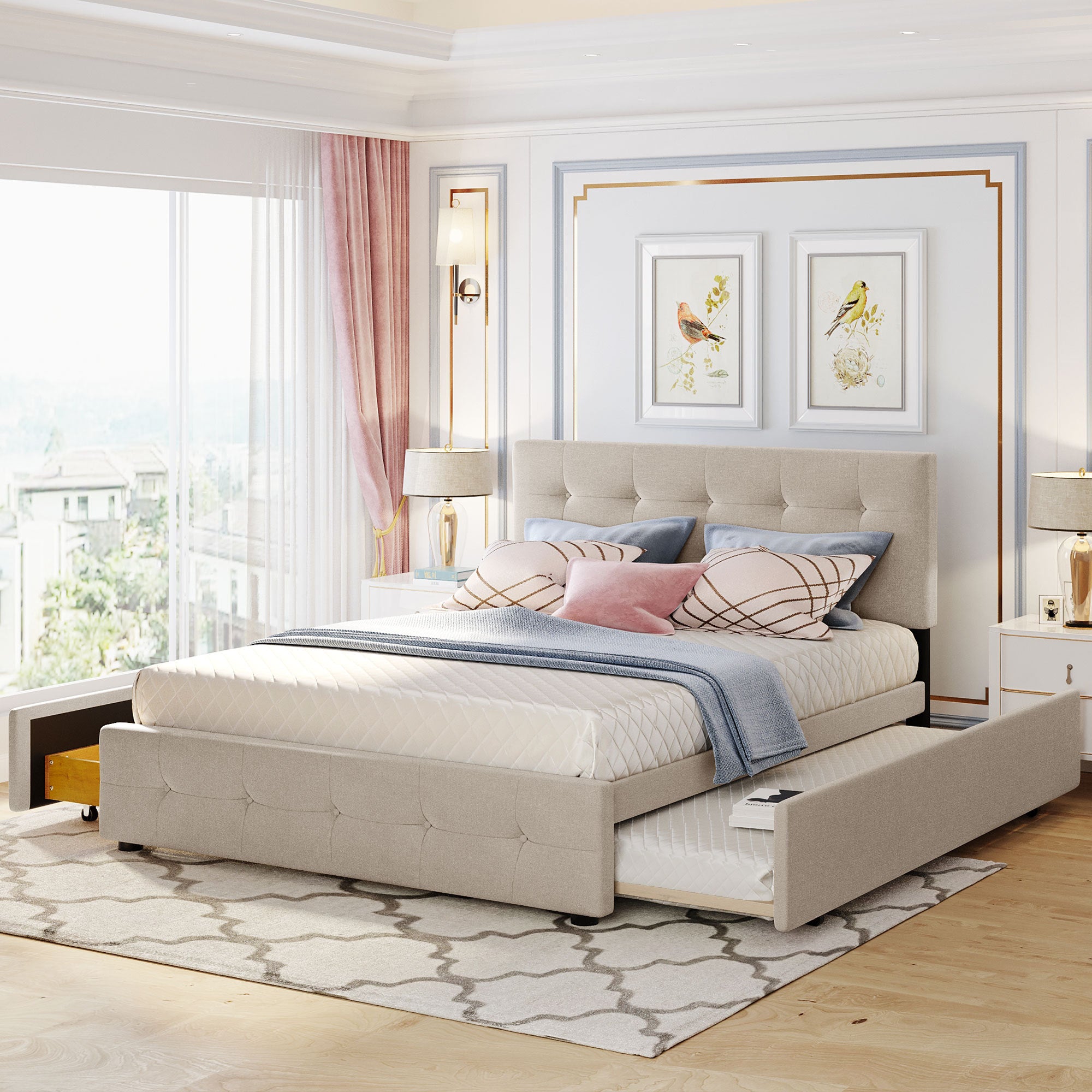 Upholstered Linen Platform Bed with 2 Drawers and Trundle, Beige