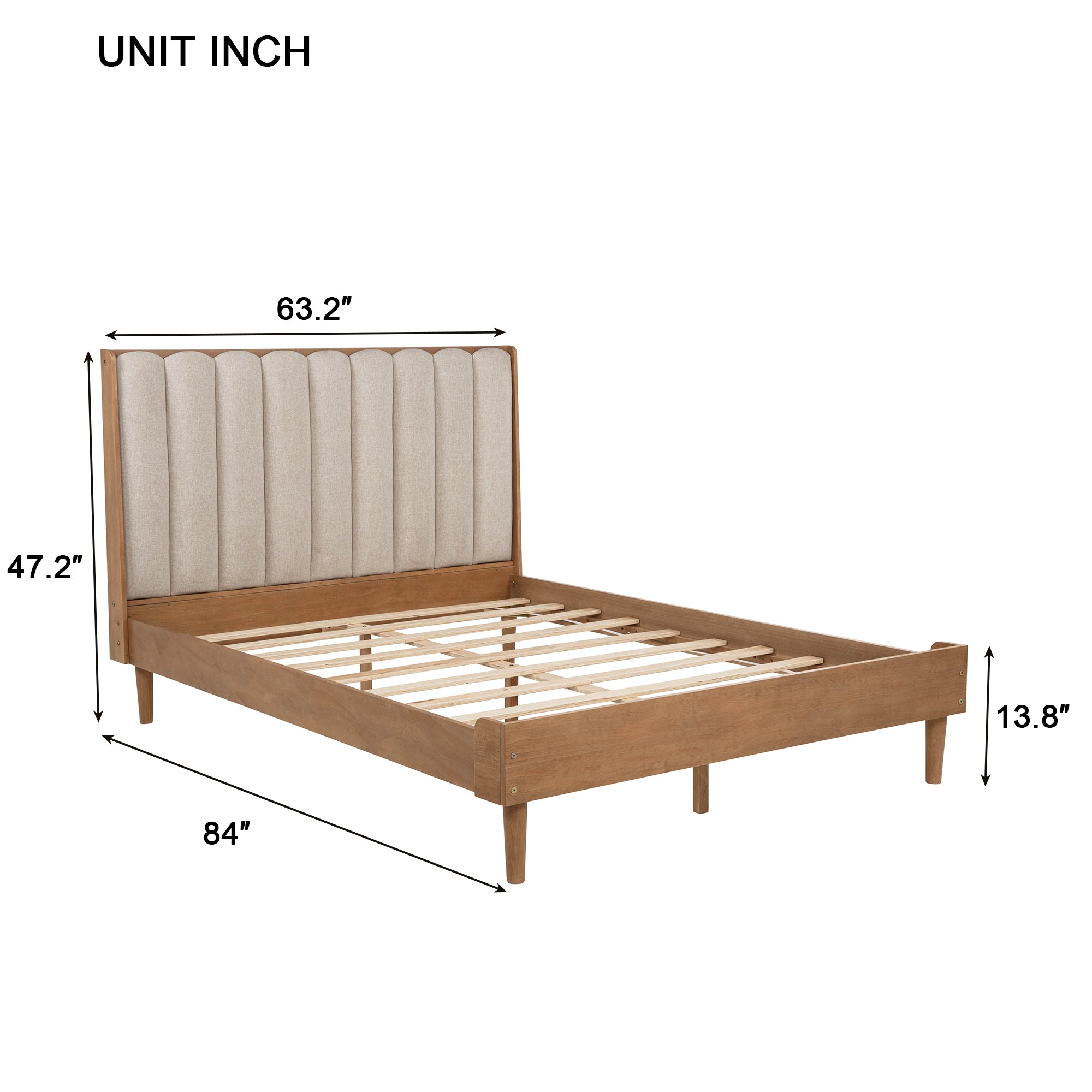 Dimension diagram of the queen bed and headboard: 84 in long, 63.2 in wide, 47.2 in tall, 13.8 in frame height