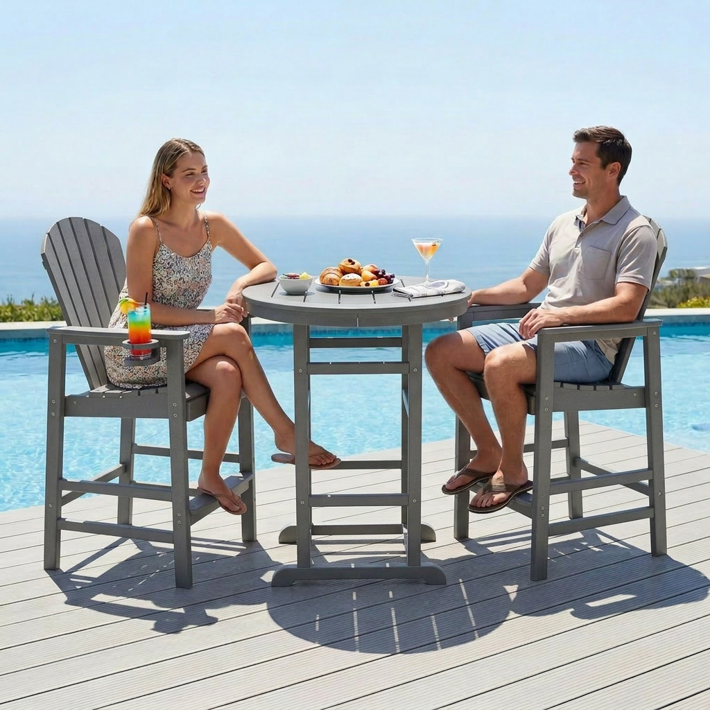 3-Piece Bar Height Bistro Set, Gray HDPE Round Table and 2 Bar Chairs