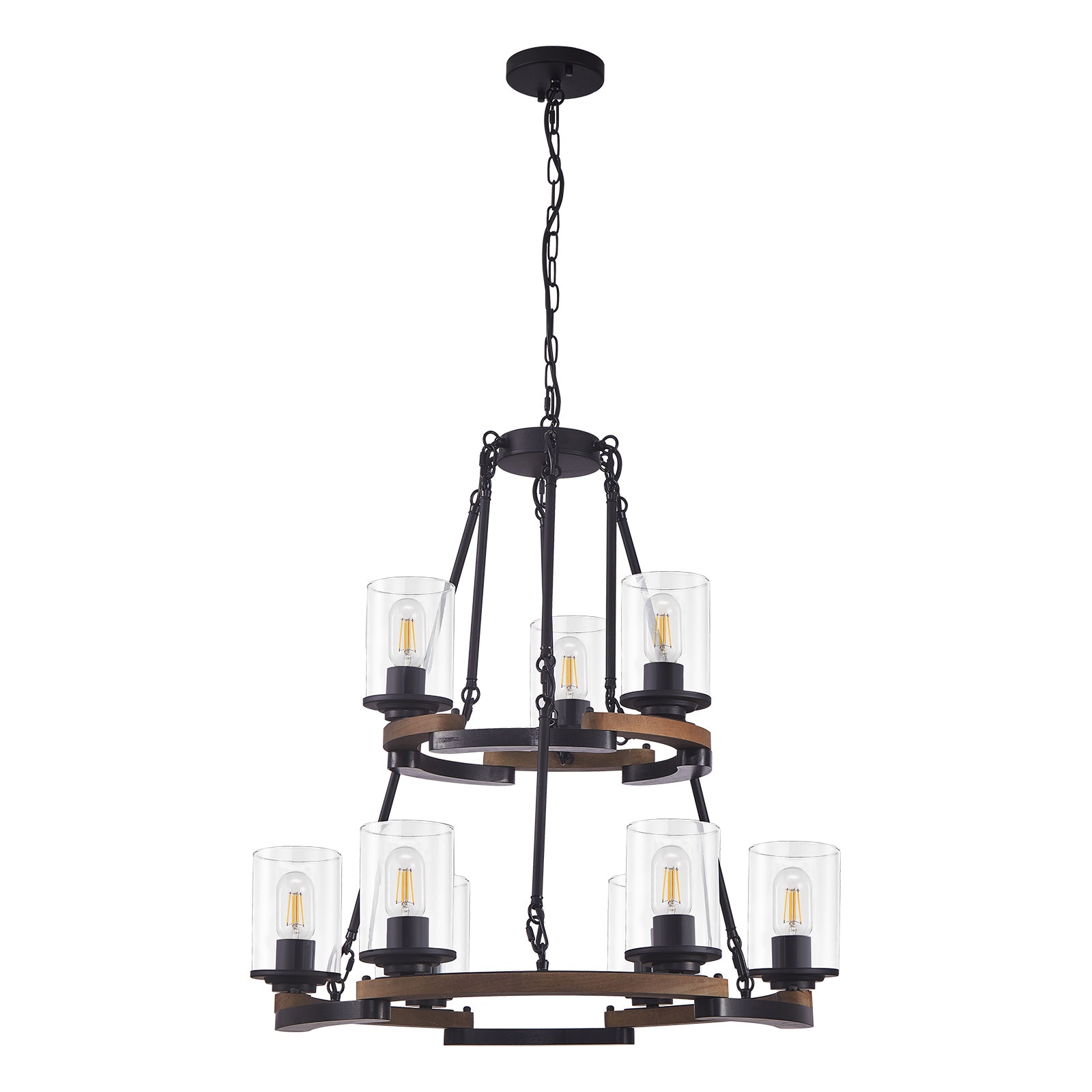 Chandelier, 9-Light Farmhouse Wood and Metal, Black and Brown