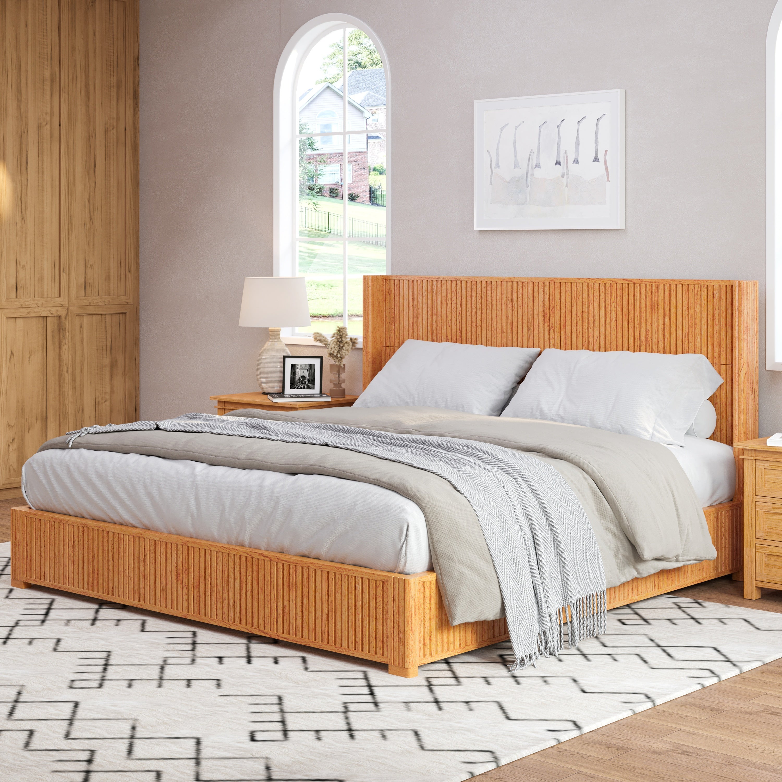 Side angle of natural wood fluted headboard king bed in bedroom setting