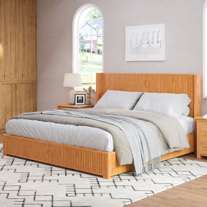 Side angle of natural wood fluted headboard king bed in bedroom setting