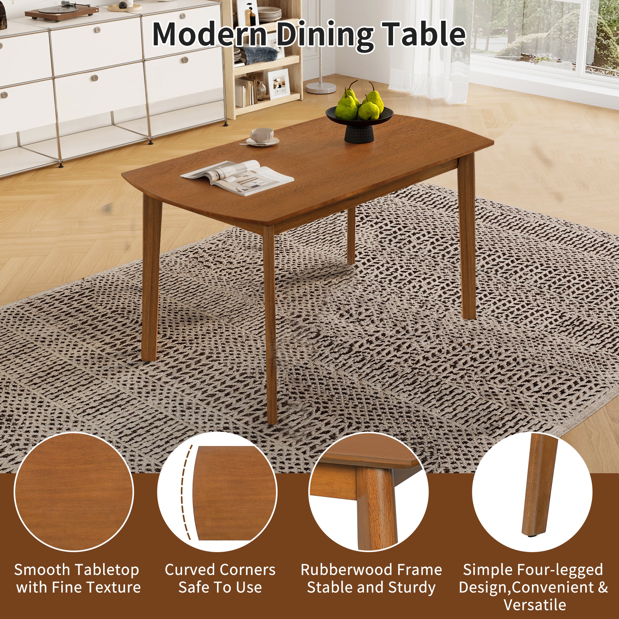 Feature graphic of the modern dining table highlighting smooth tabletop, curved corners, rubberwood frame and four legs