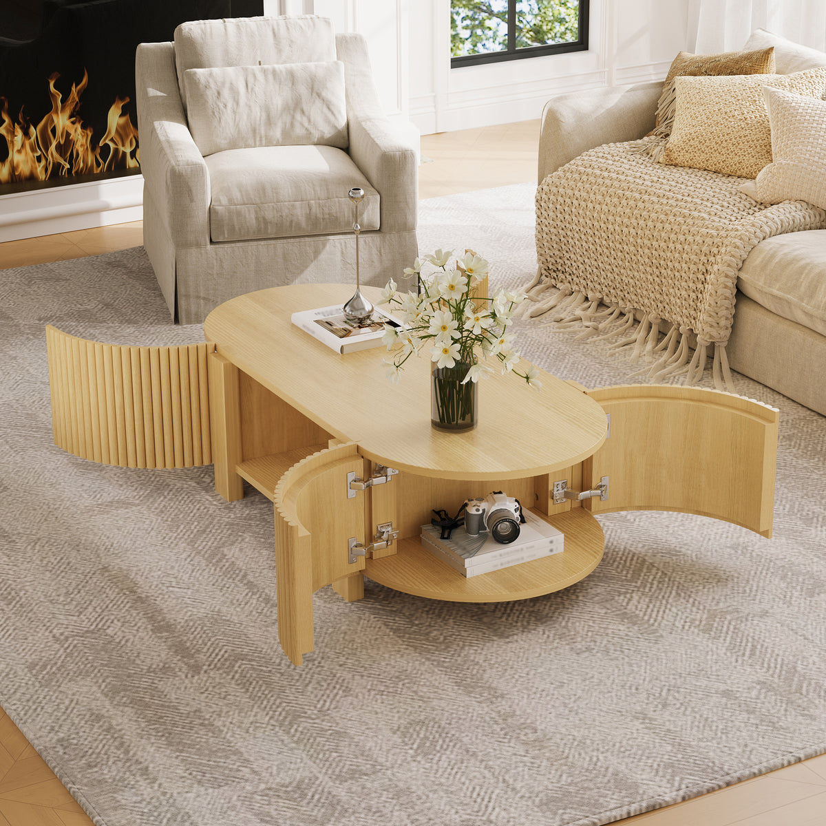 Natural Solid Wood Oval Fluted Coffee Table with Storage, 47 in