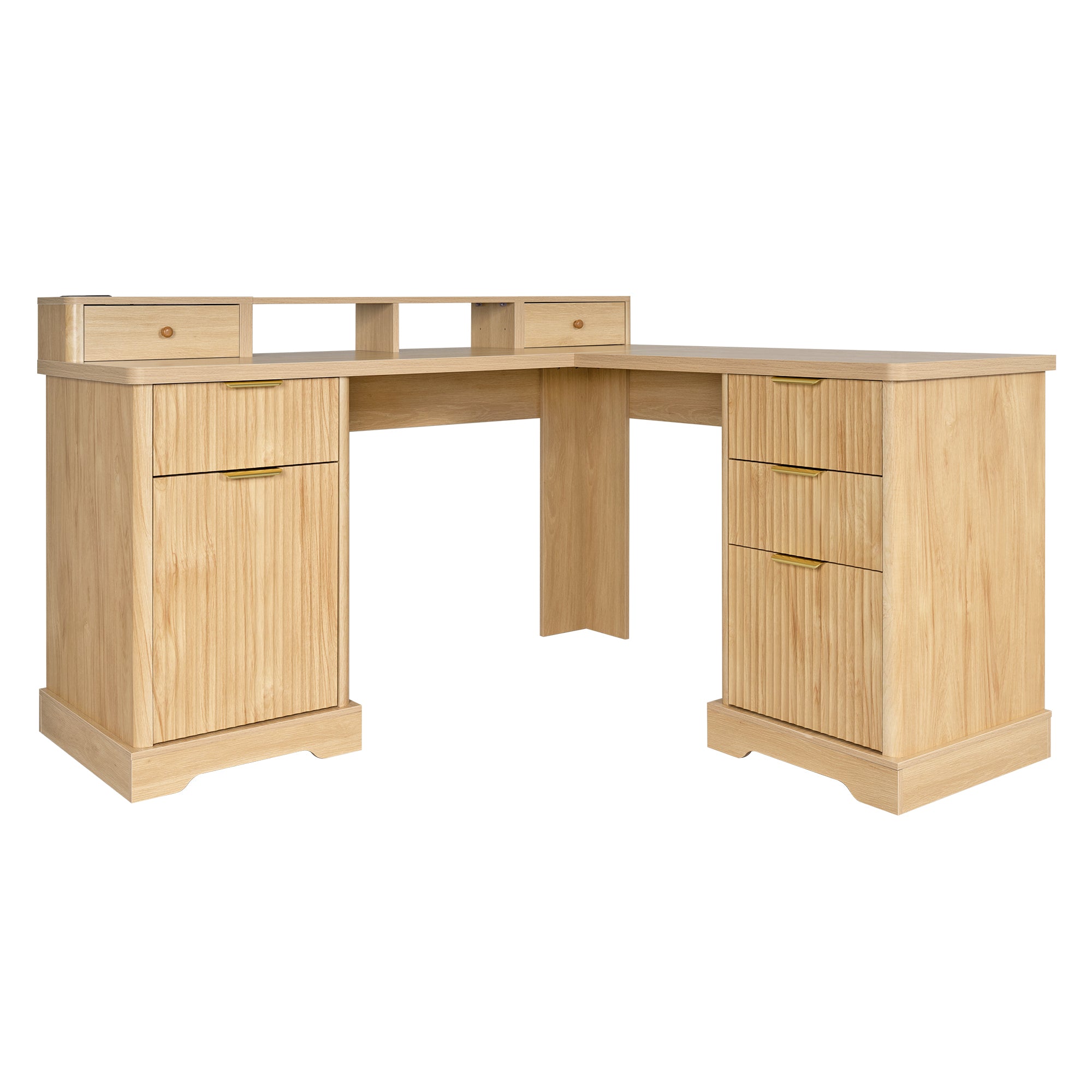 L-Shaped Computer Desk with Charging Station, Workstation, 59.2 in, Oak