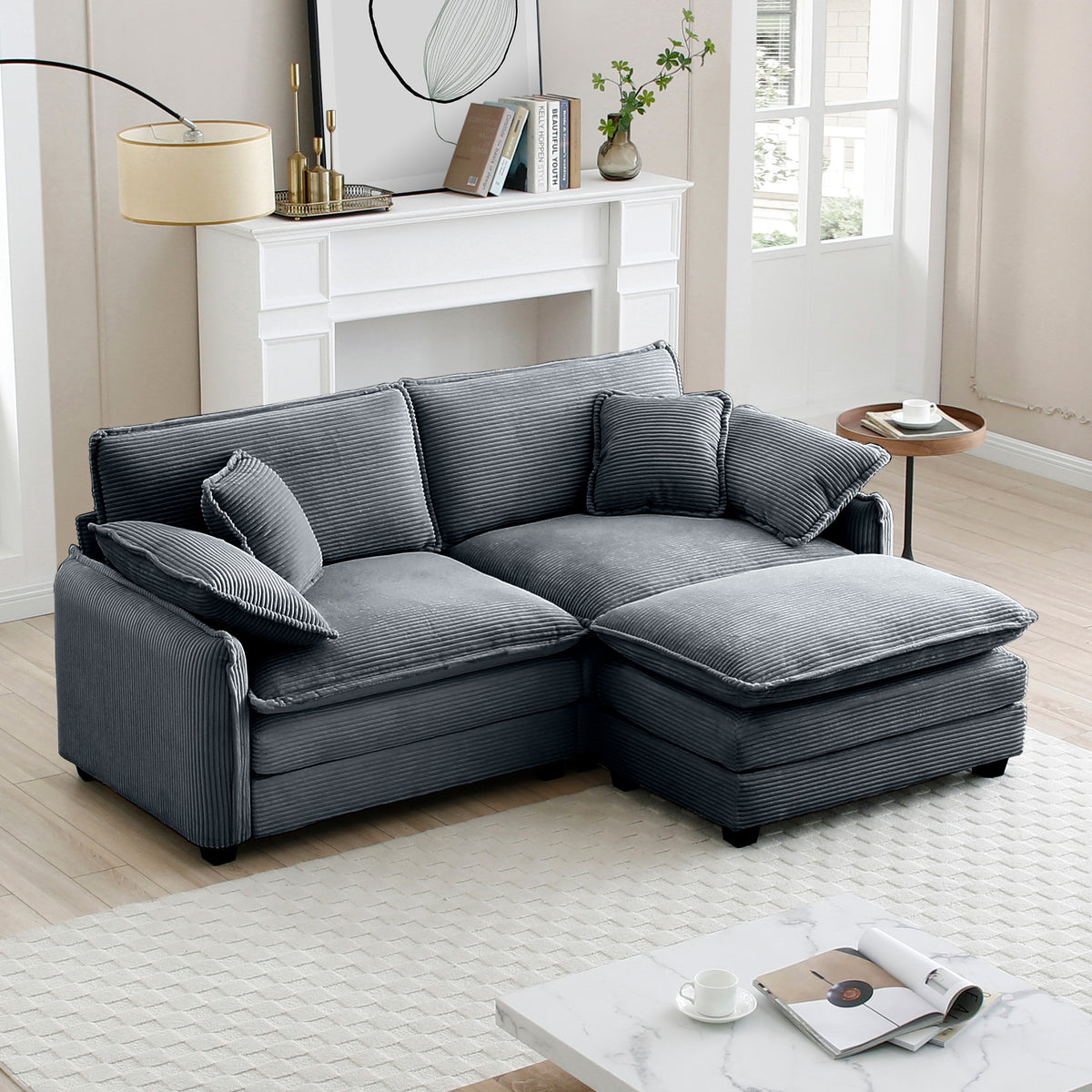 Gray Corduroy Sectional Couch with Ottoman