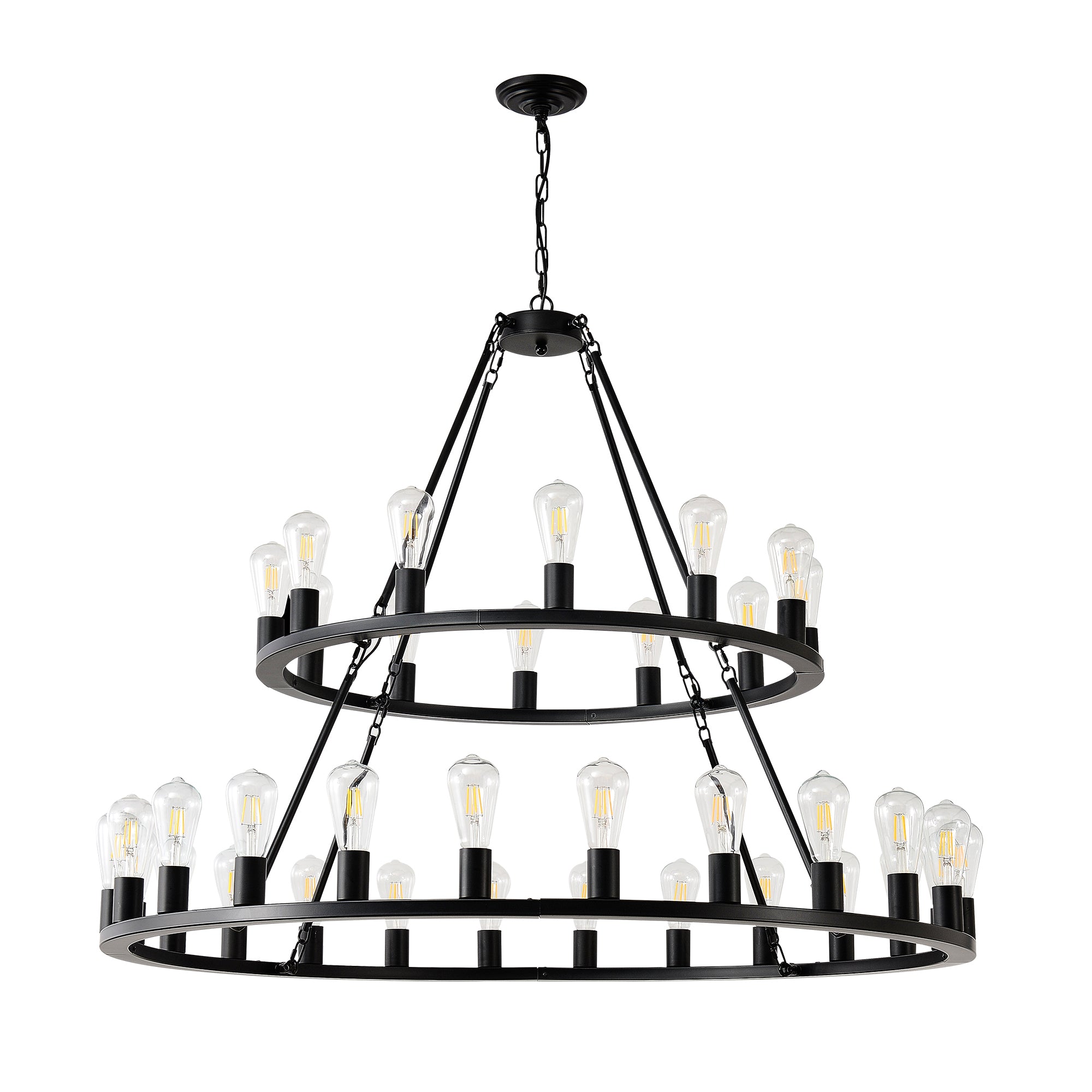 Chandelier, Round Wagon Wheel Design, 36-Light, Matte Black