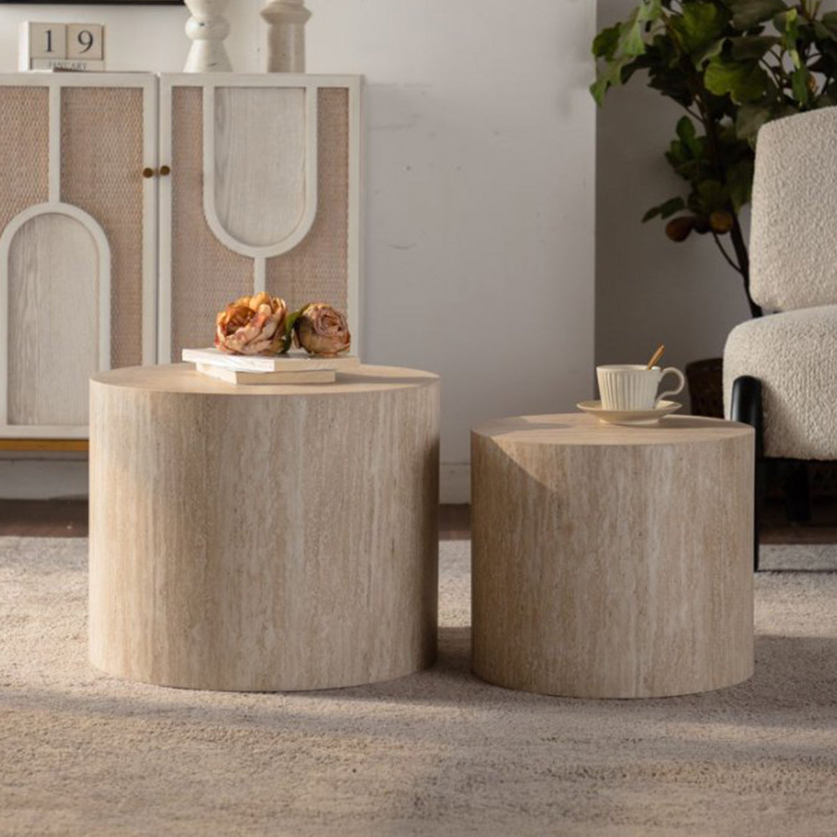Beige Round Coffee Table, Set of 2, 18.9 in