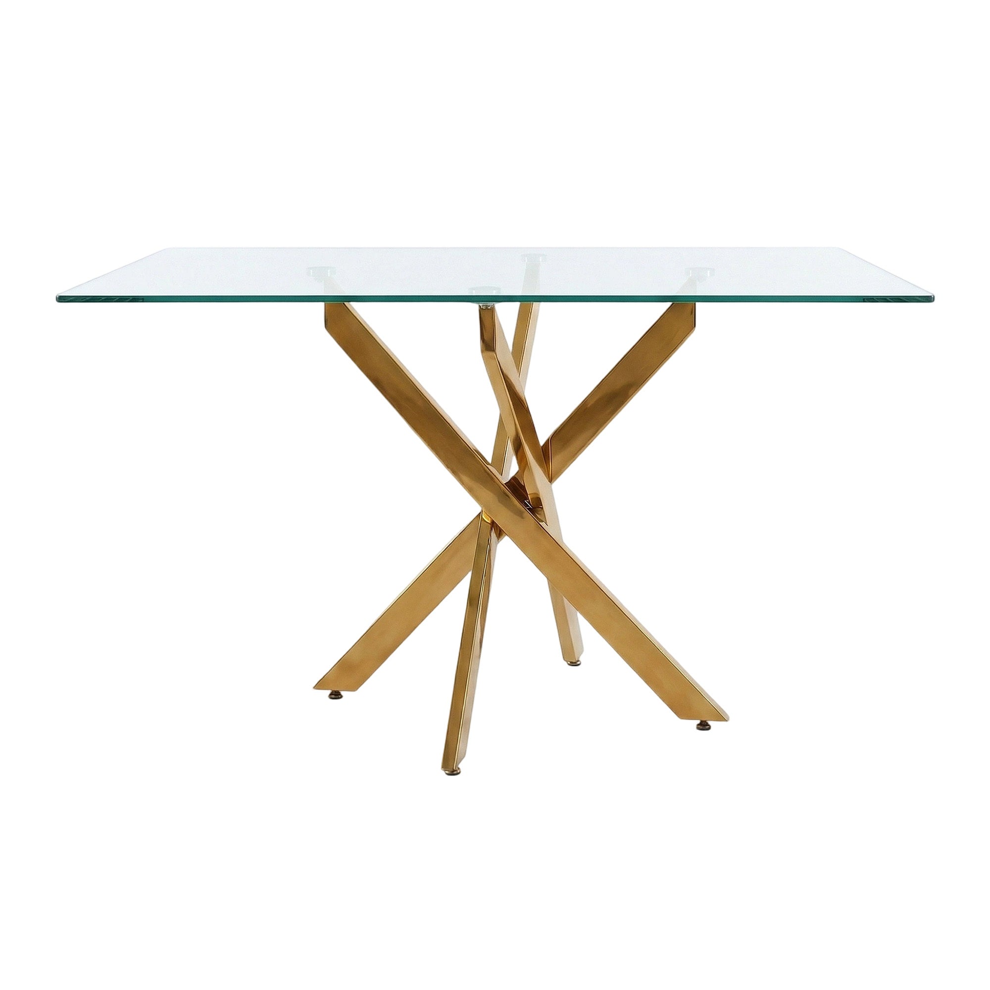 Straight-on front studio view of the glass dining table with gold legs