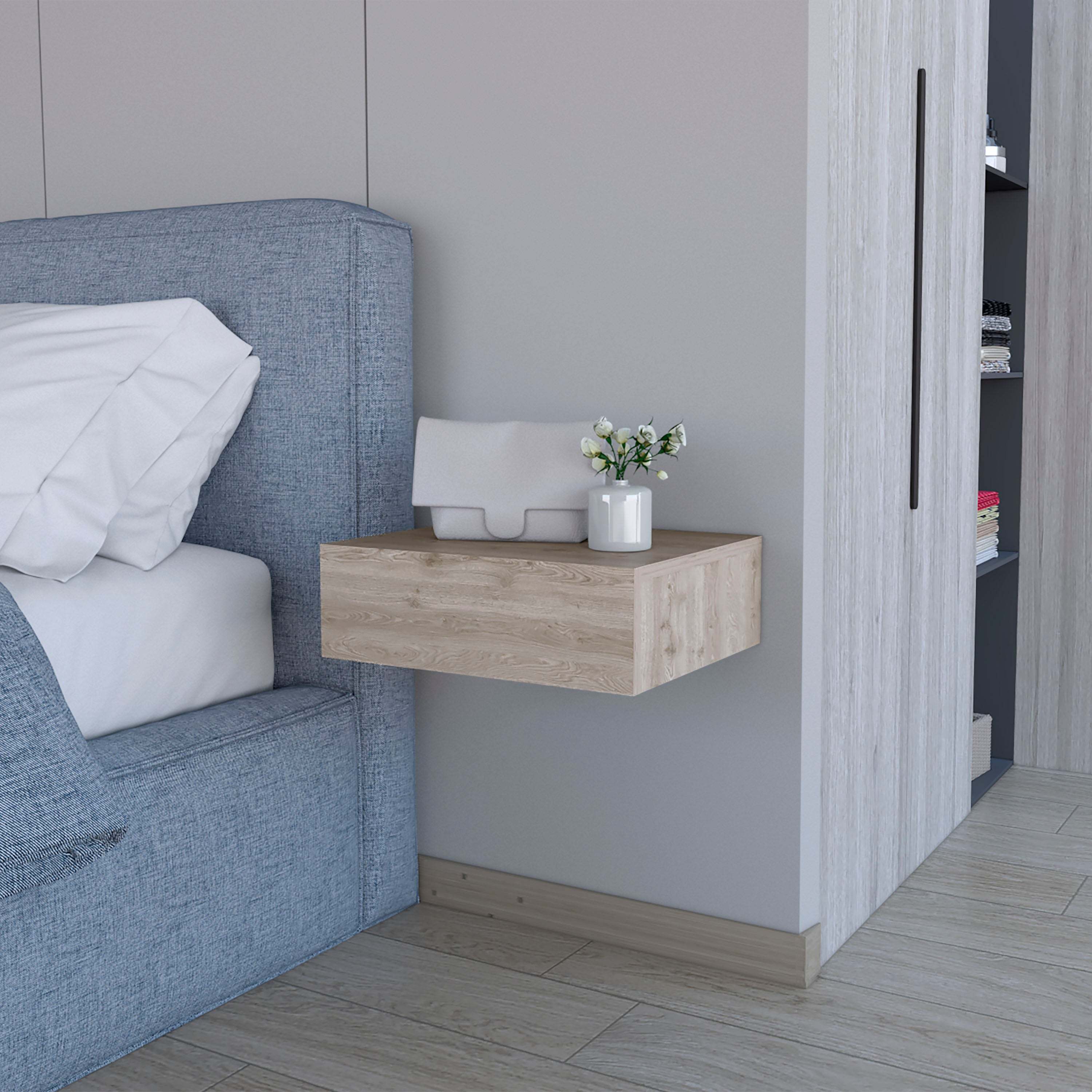 Light Gray Floating Nightstand, Wall Mounted with Drawer