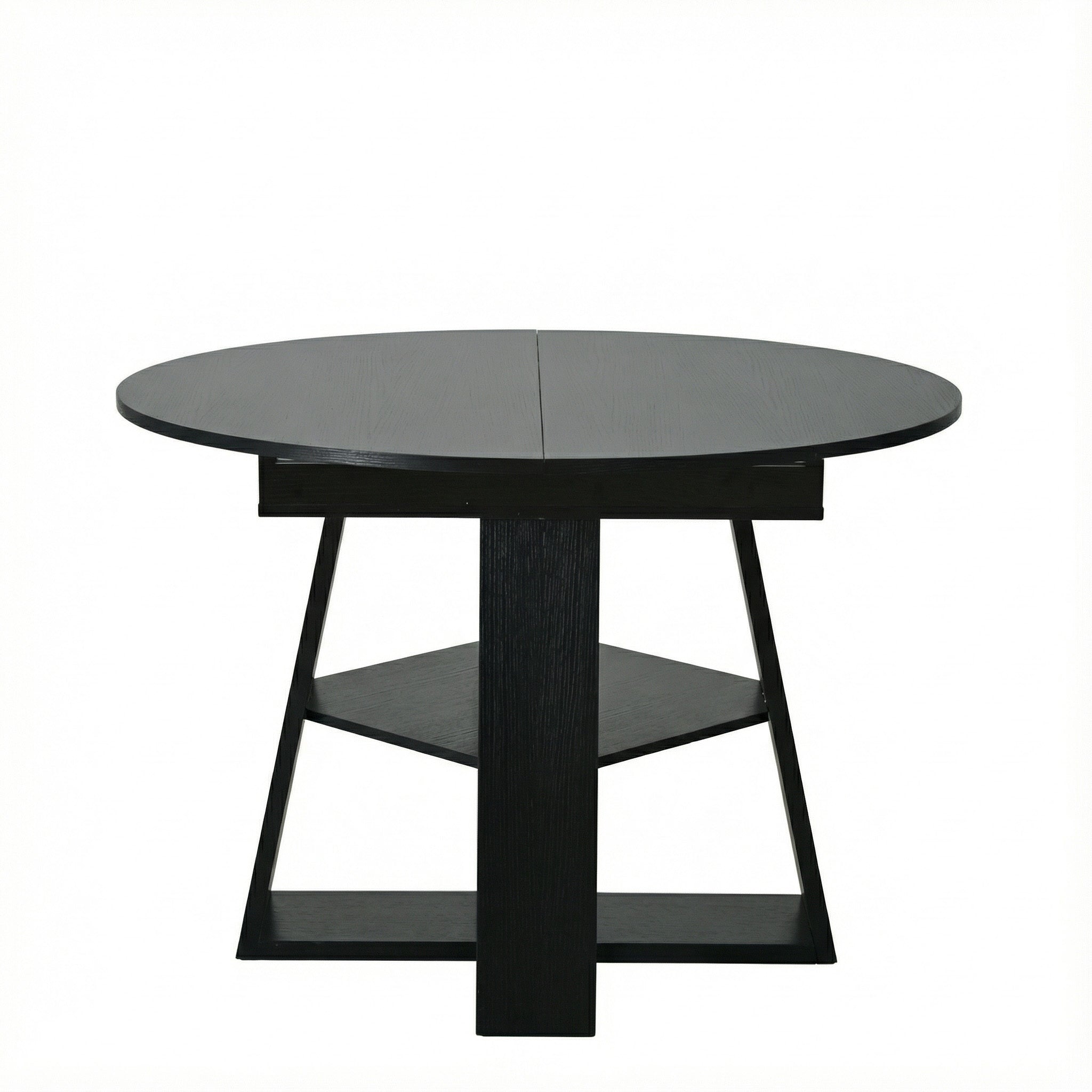 Front studio view of the compact black round table with cross base and lower shelf