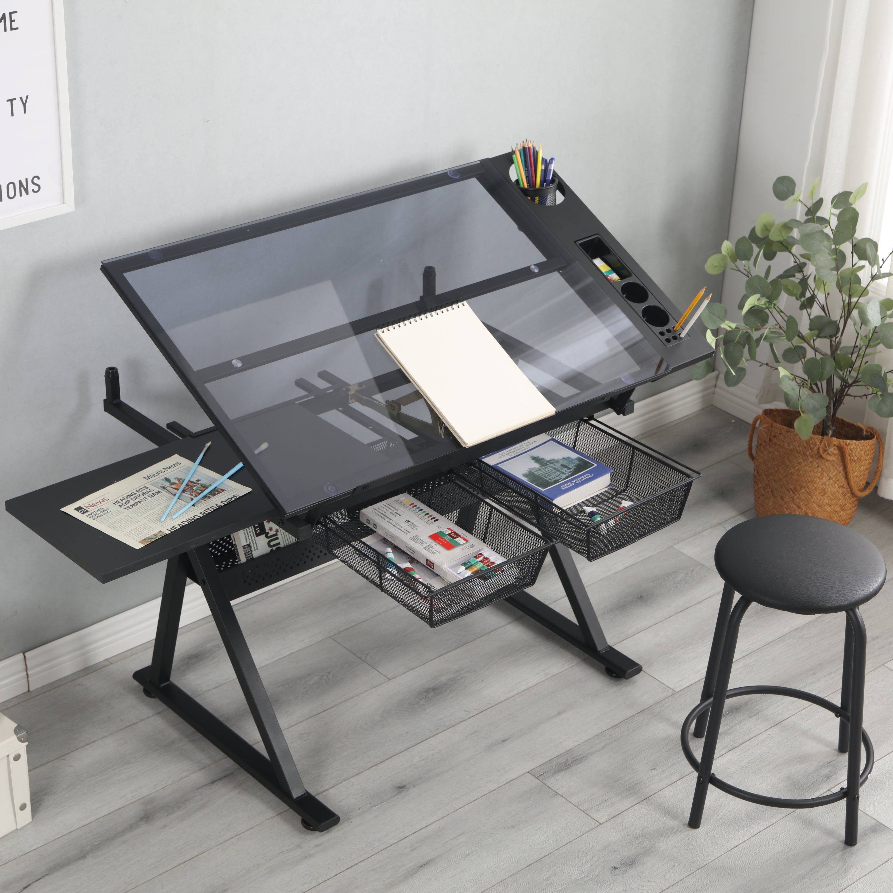 Drafting Table, 40.2 in, Black, 23.62 in Deep