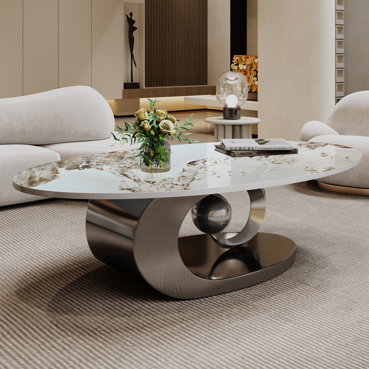 Gray Oval Coffee Table with Storage, 49.2 in