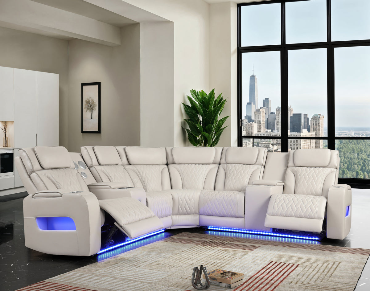 White Vegan Leather Power Reclining Sectional, 117 in Wide
