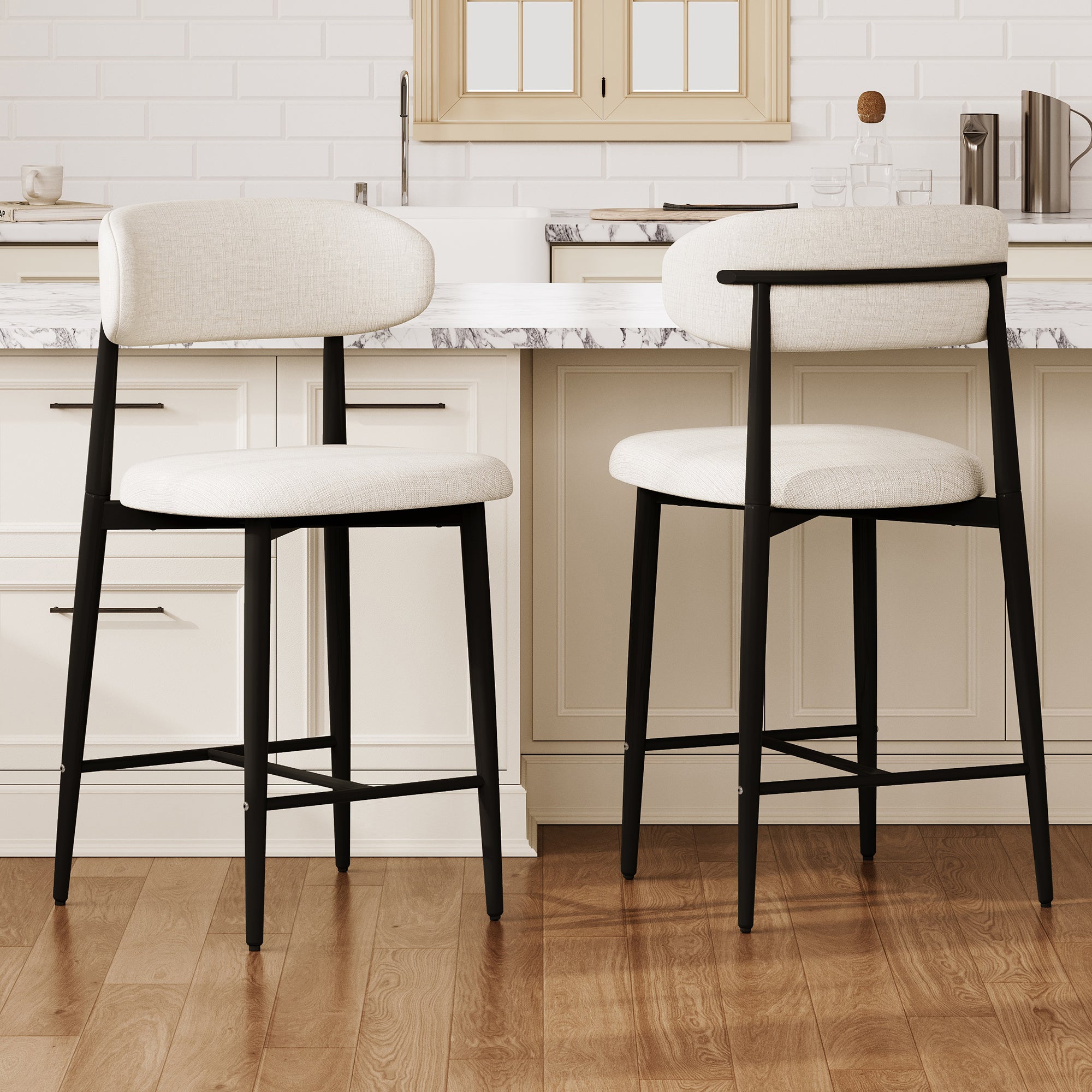 Counter Stool Set of 2, Cream Linen Curved-Back, Black Metal Legs